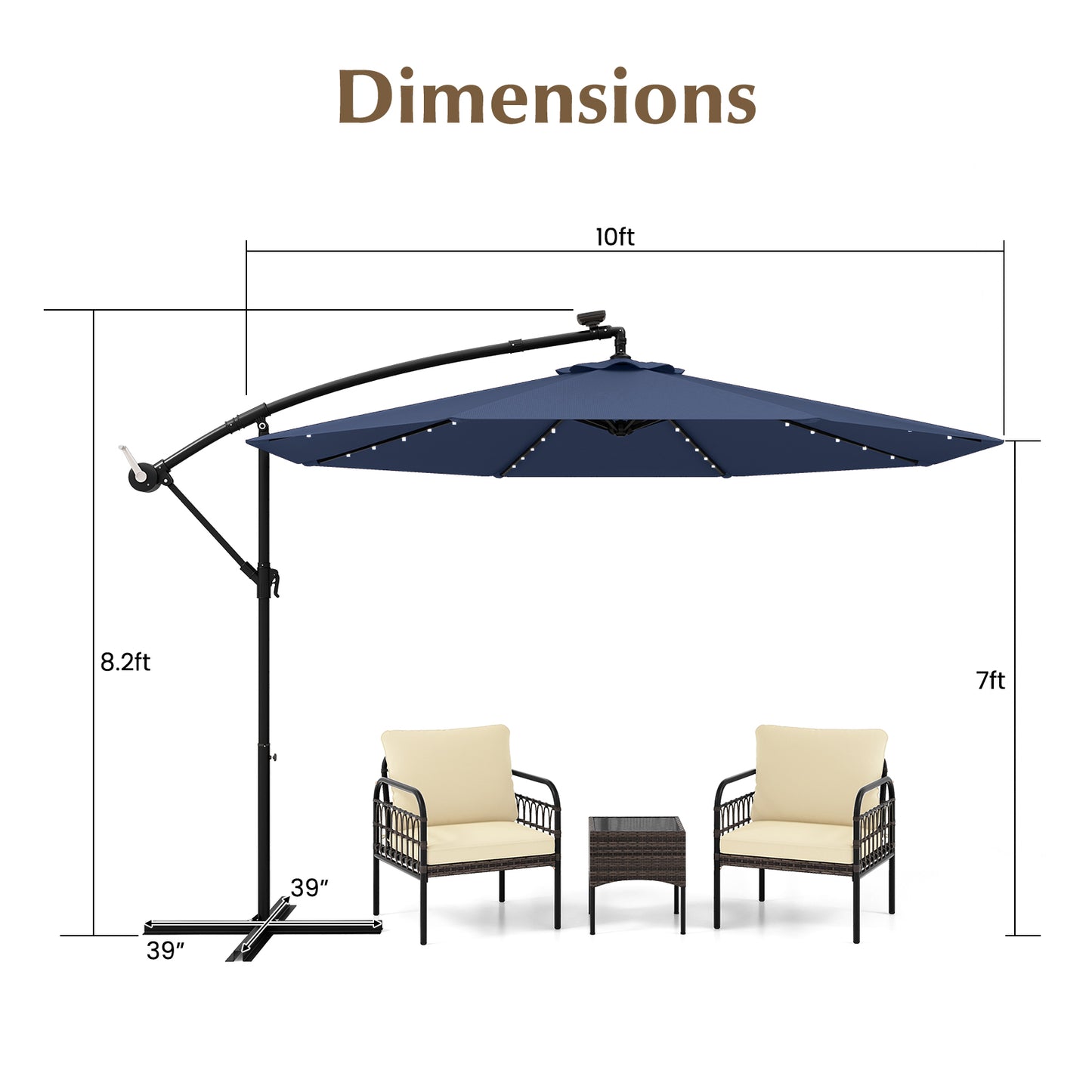 10 Ft Solar LED Offset Umbrella with 40 Lights and Cross Base for Patio-Blue Kids Crystal