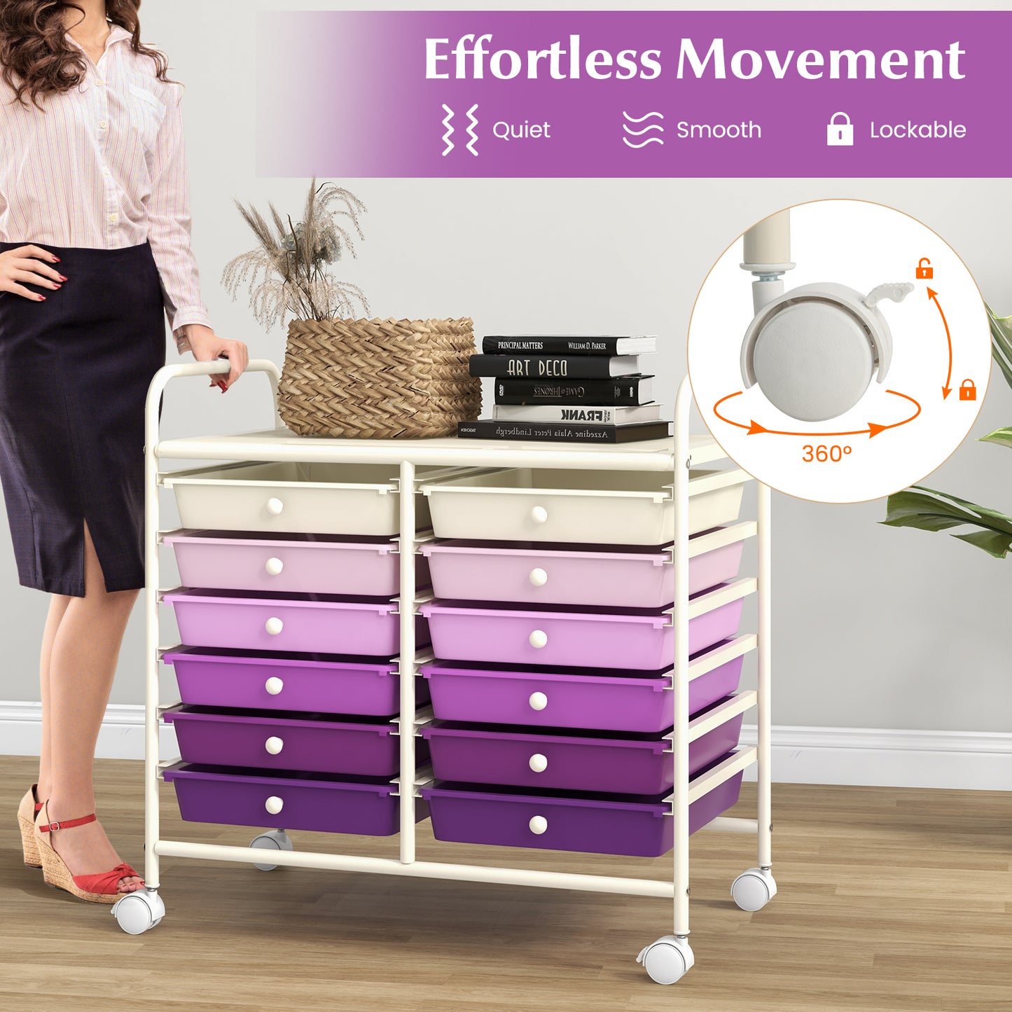 12 Drawers Rolling Storage Cart for Home and Office-Purple Kids Crystal