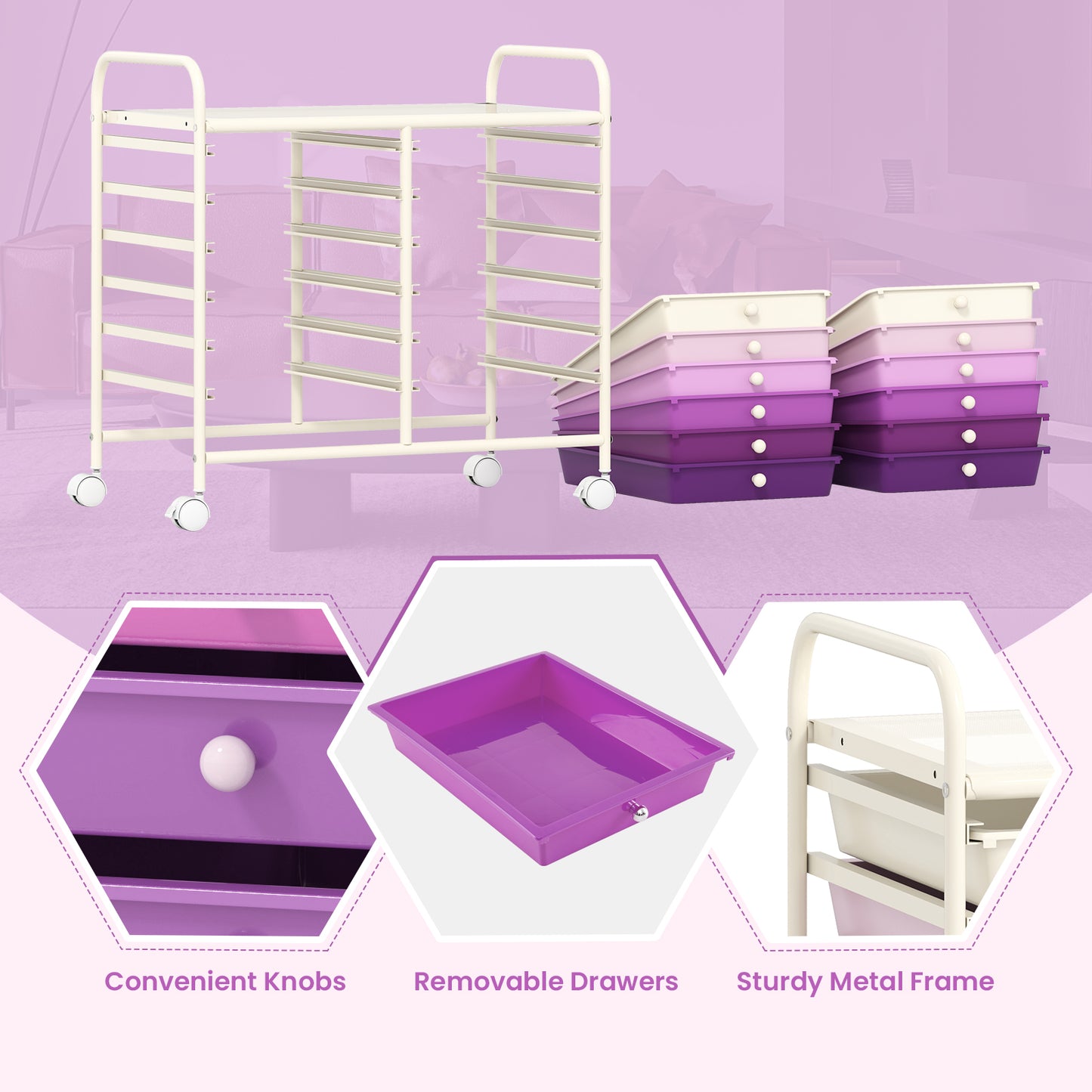 12 Drawers Rolling Storage Cart for Home and Office-Purple Kids Crystal