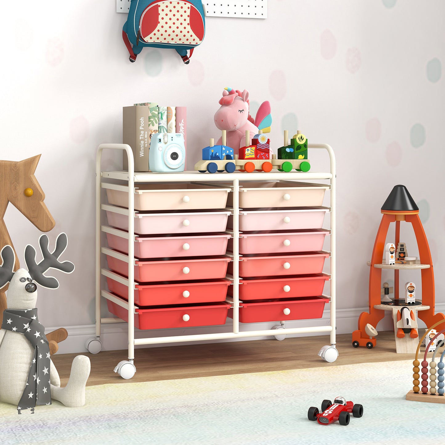 12 Drawers Rolling Storage Cart for Home and Office-Gardient Pink Kids Crystal