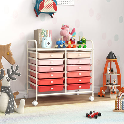 12 Drawers Rolling Storage Cart for Home and Office-Gardient Pink
