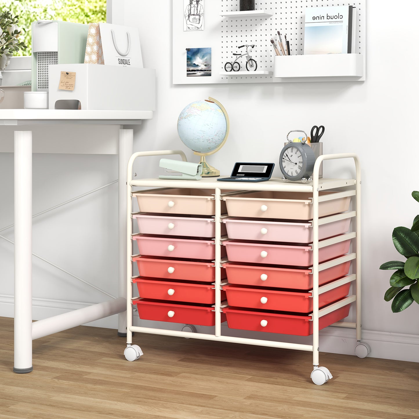 12 Drawers Rolling Storage Cart for Home and Office-Gardient Pink Kids Crystal