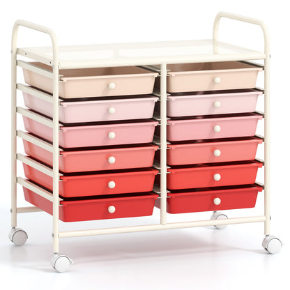 12 Drawers Rolling Storage Cart for Home and Office-Gardient Pink