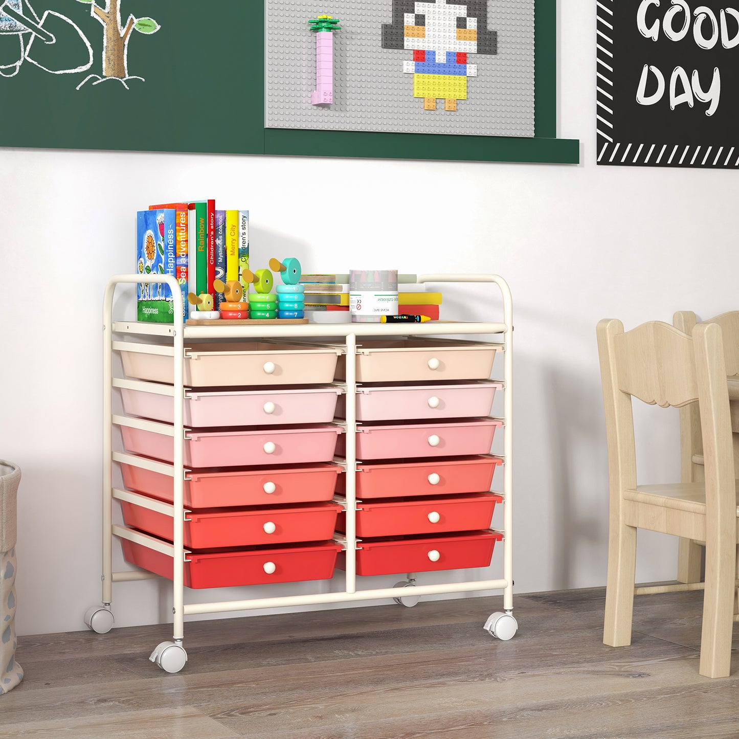 12 Drawers Rolling Storage Cart for Home and Office-Gardient Pink Kids Crystal