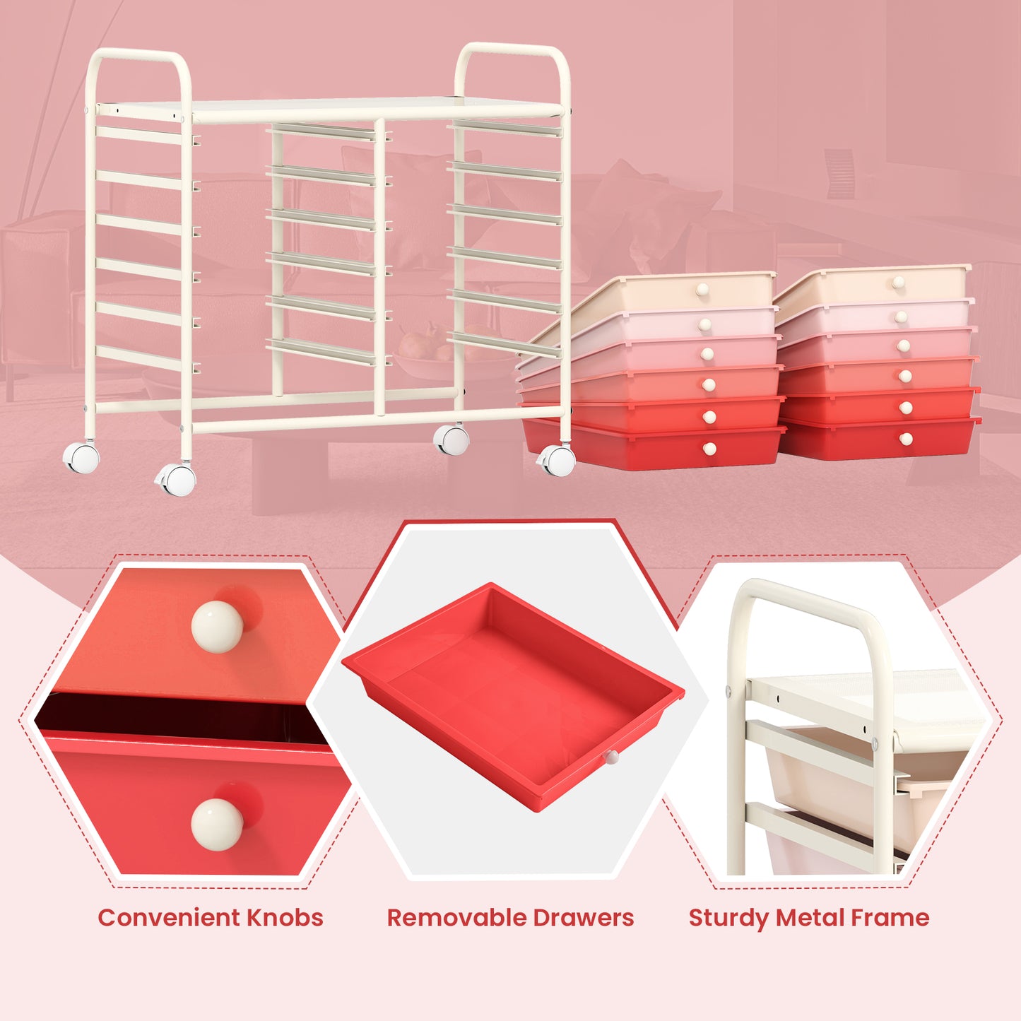 12 Drawers Rolling Storage Cart for Home and Office-Gardient Pink Kids Crystal