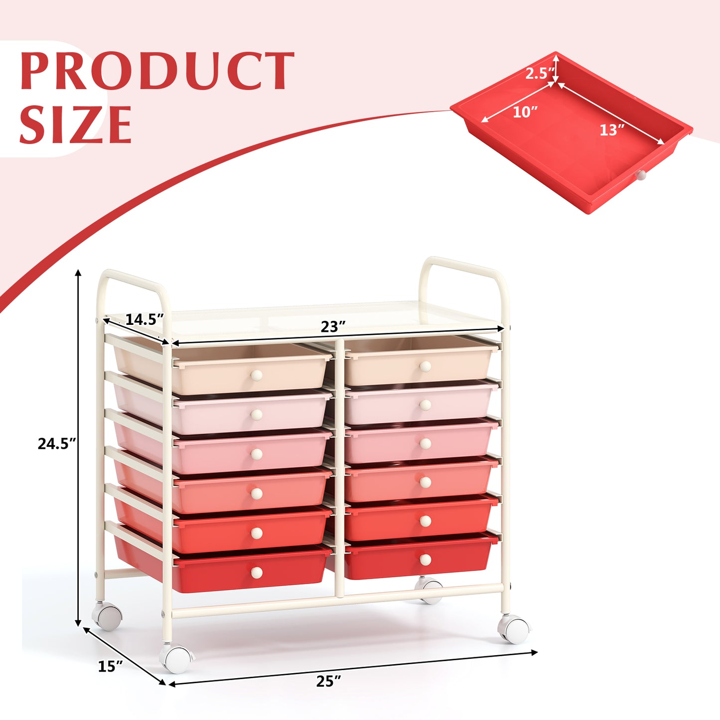 12 Drawers Rolling Storage Cart for Home and Office-Gardient Pink Kids Crystal