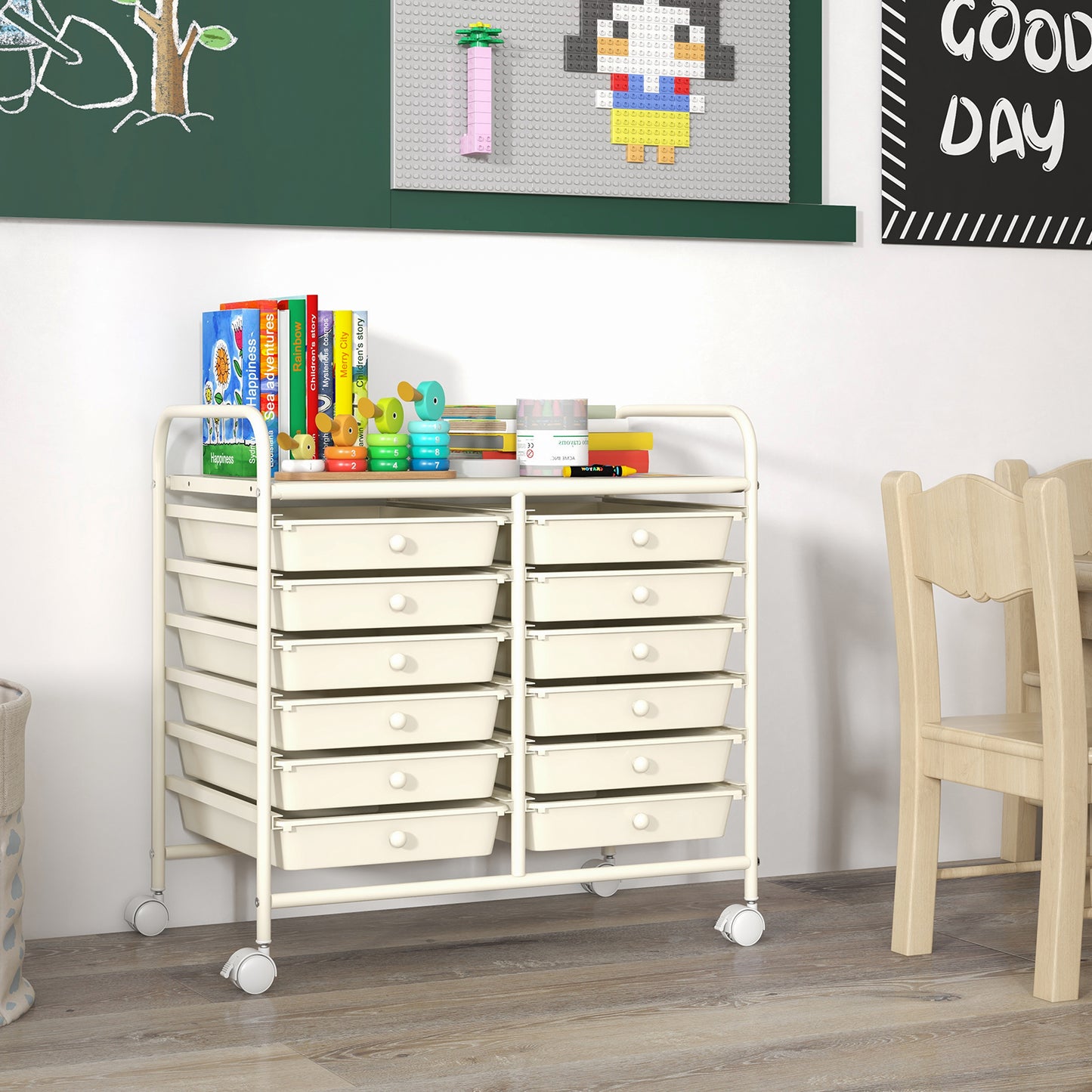 12 Drawers Rolling Storage Cart for Home and Office-White Kids Crystal