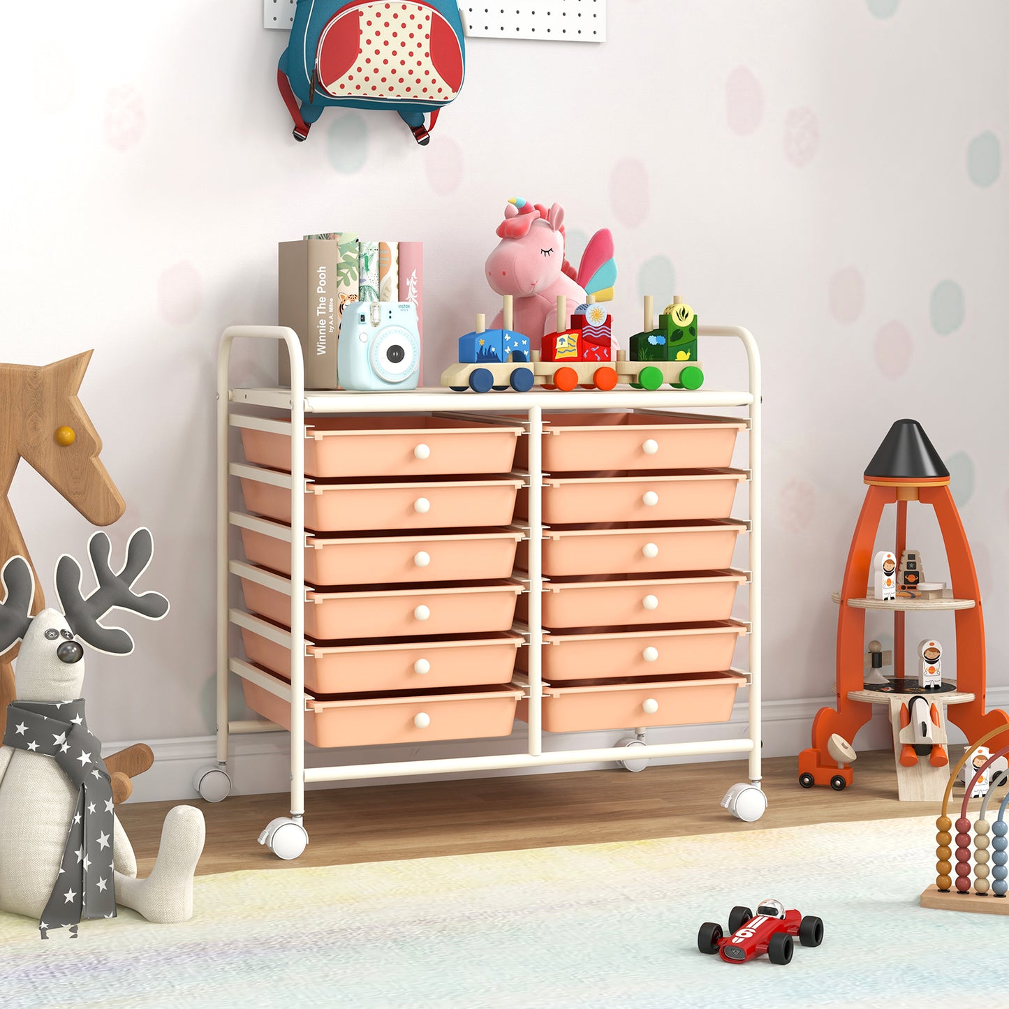 12 Drawers Rolling Storage Cart for Home and Office-Peach Kids Crystal