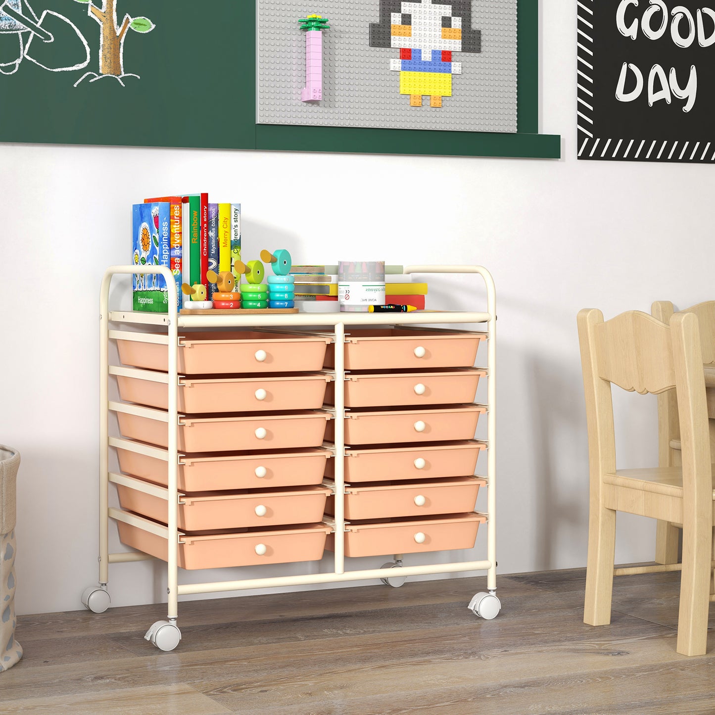 12 Drawers Rolling Storage Cart for Home and Office-Peach Kids Crystal