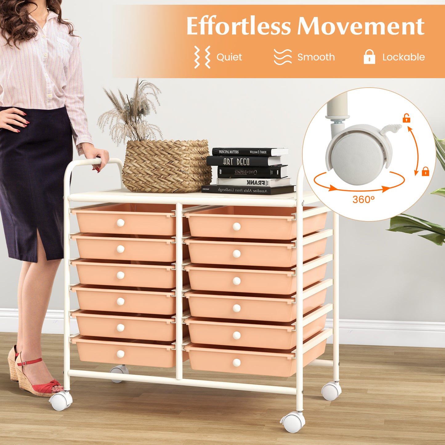12 Drawers Rolling Storage Cart for Home and Office-Peach Kids Crystal