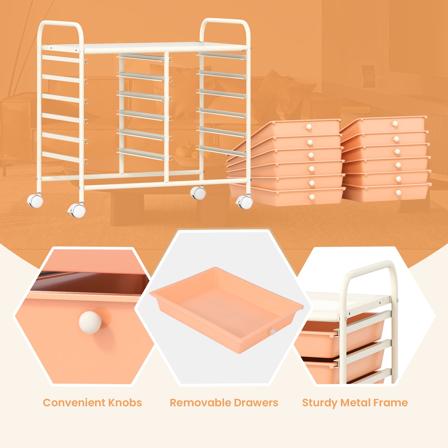 12 Drawers Rolling Storage Cart for Home and Office-Peach Kids Crystal