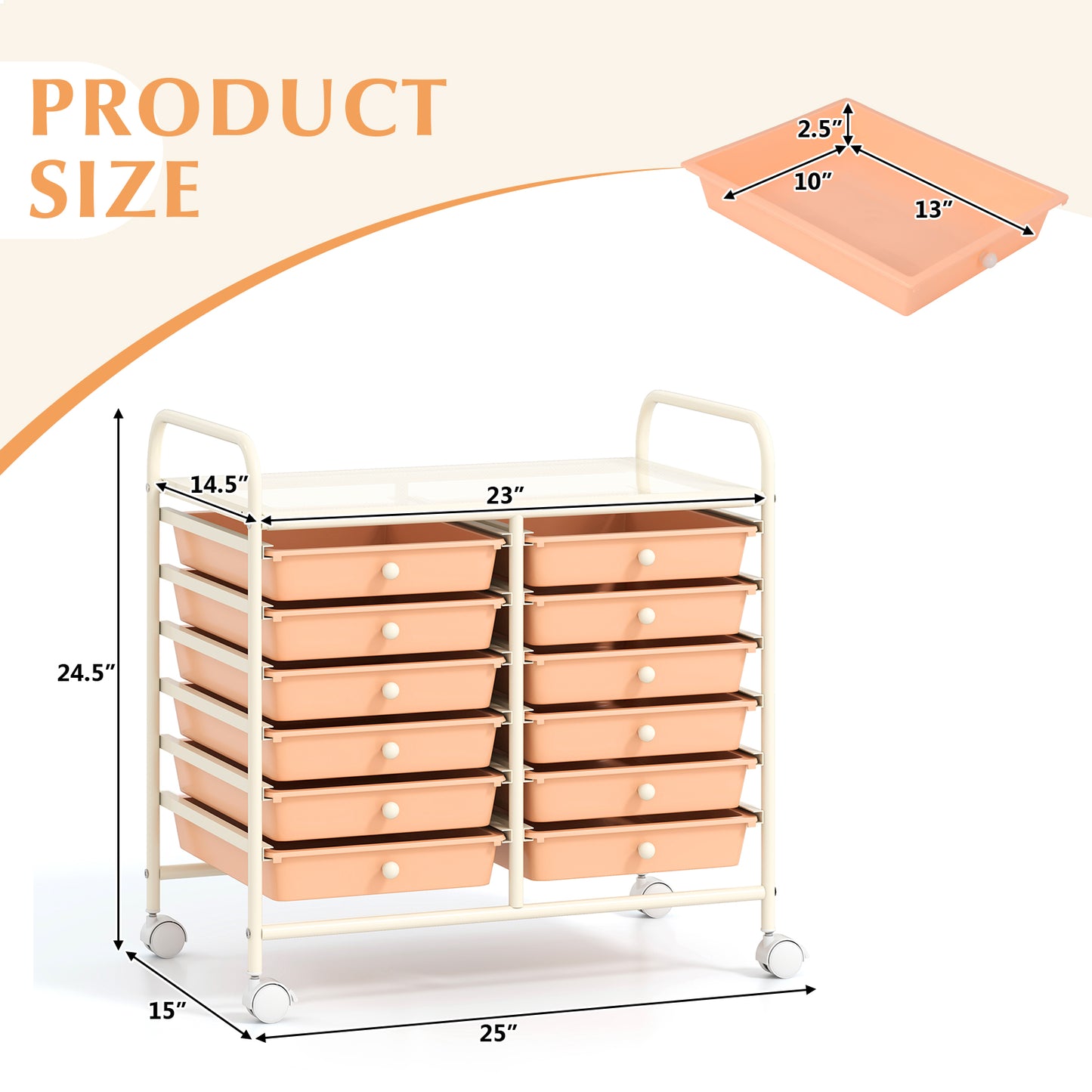 12 Drawers Rolling Storage Cart for Home and Office-Peach Kids Crystal