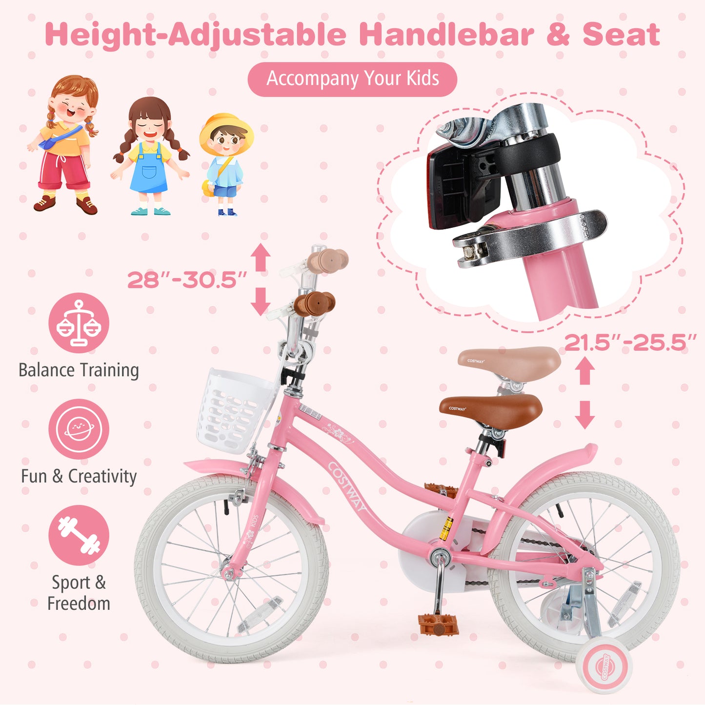16 Inch Kids Bike with Training Wheels and Basket for Boys Girls 4-7 Years Old-16 inches Kids Crystal