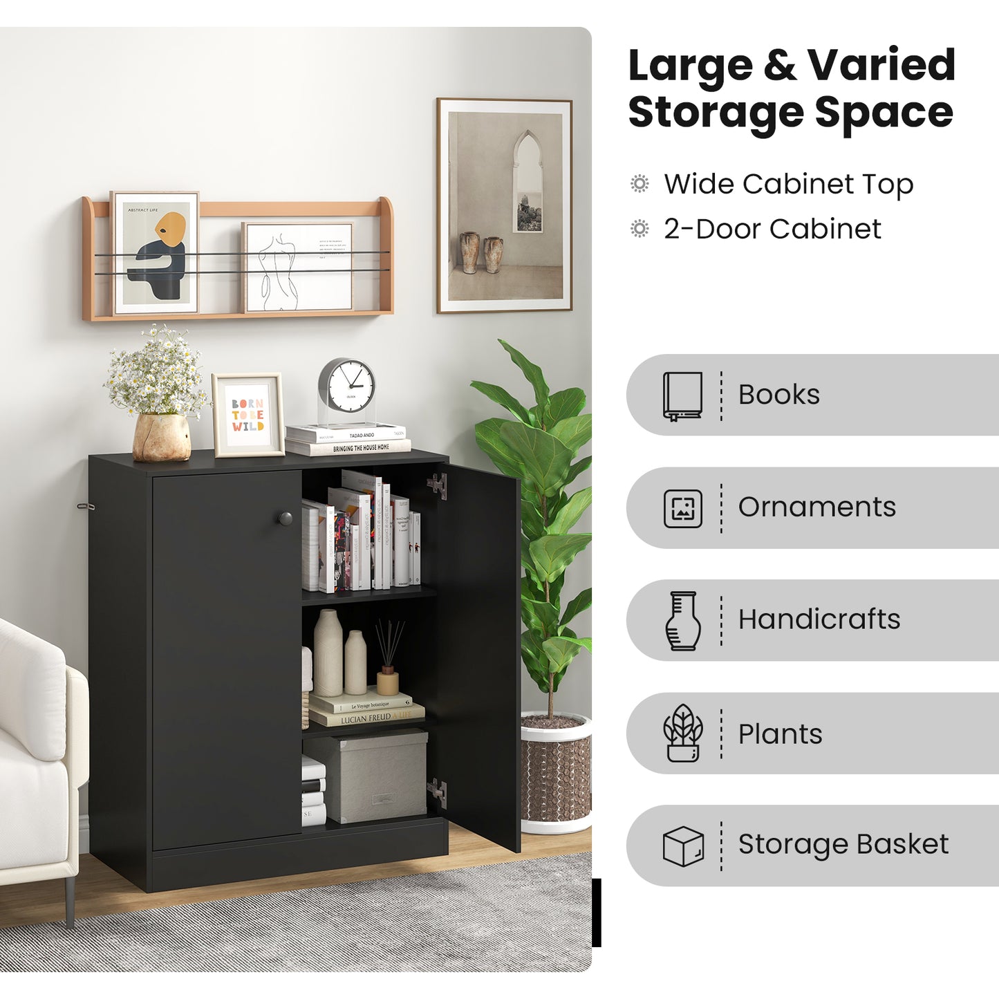 2-Door Modern Floor Storage Cabinet with 3-Tier Shelf-Black Kids Crystal