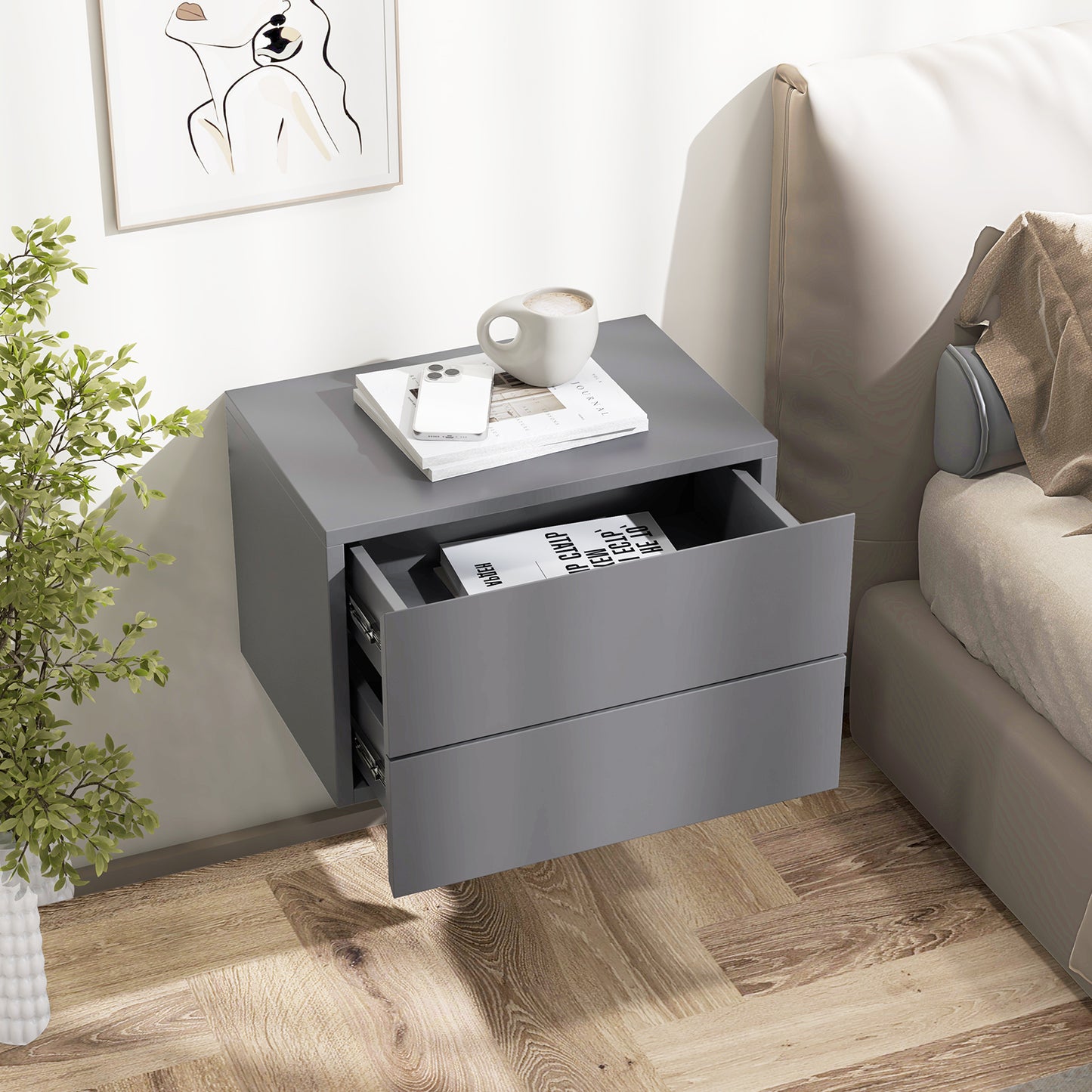 Floating Nightstand with Drawers and Storage Shelf-Gray Kids Crystal