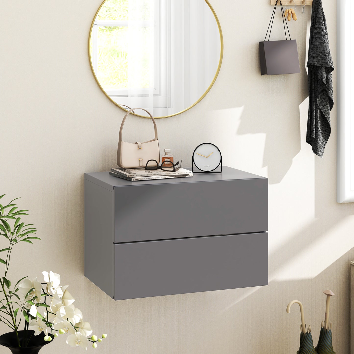 Floating Nightstand with Drawers and Storage Shelf-Gray Kids Crystal