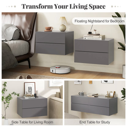 Floating Nightstand with Drawers and Storage Shelf-Gray