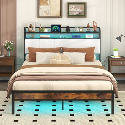 Twin/Full/Queen/King Size Bed Frame with LED Light and Charging Station-Queen Size