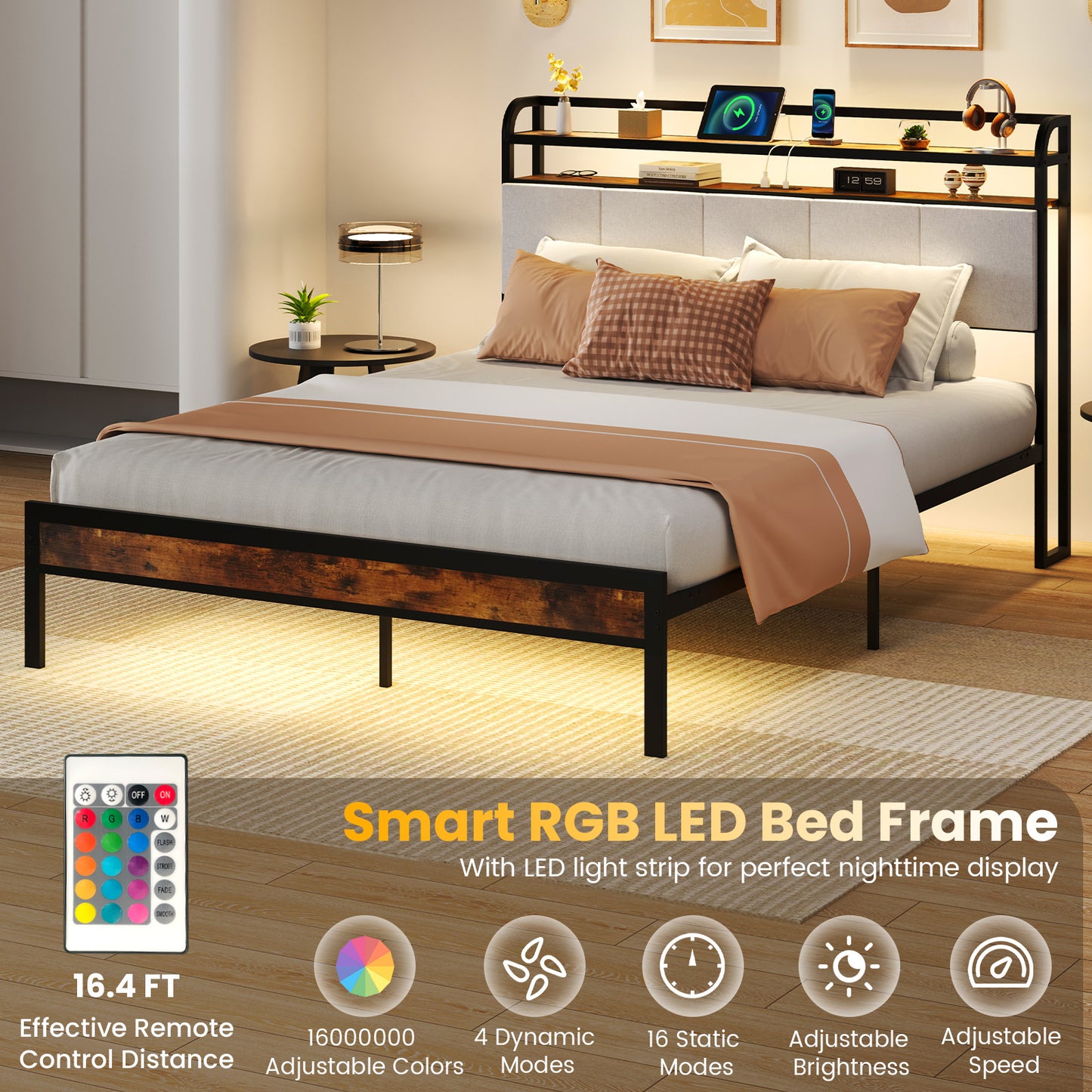 Twin/Full/Queen/King Size Bed Frame with LED Light and Charging Station-Queen Size Kids Crystal