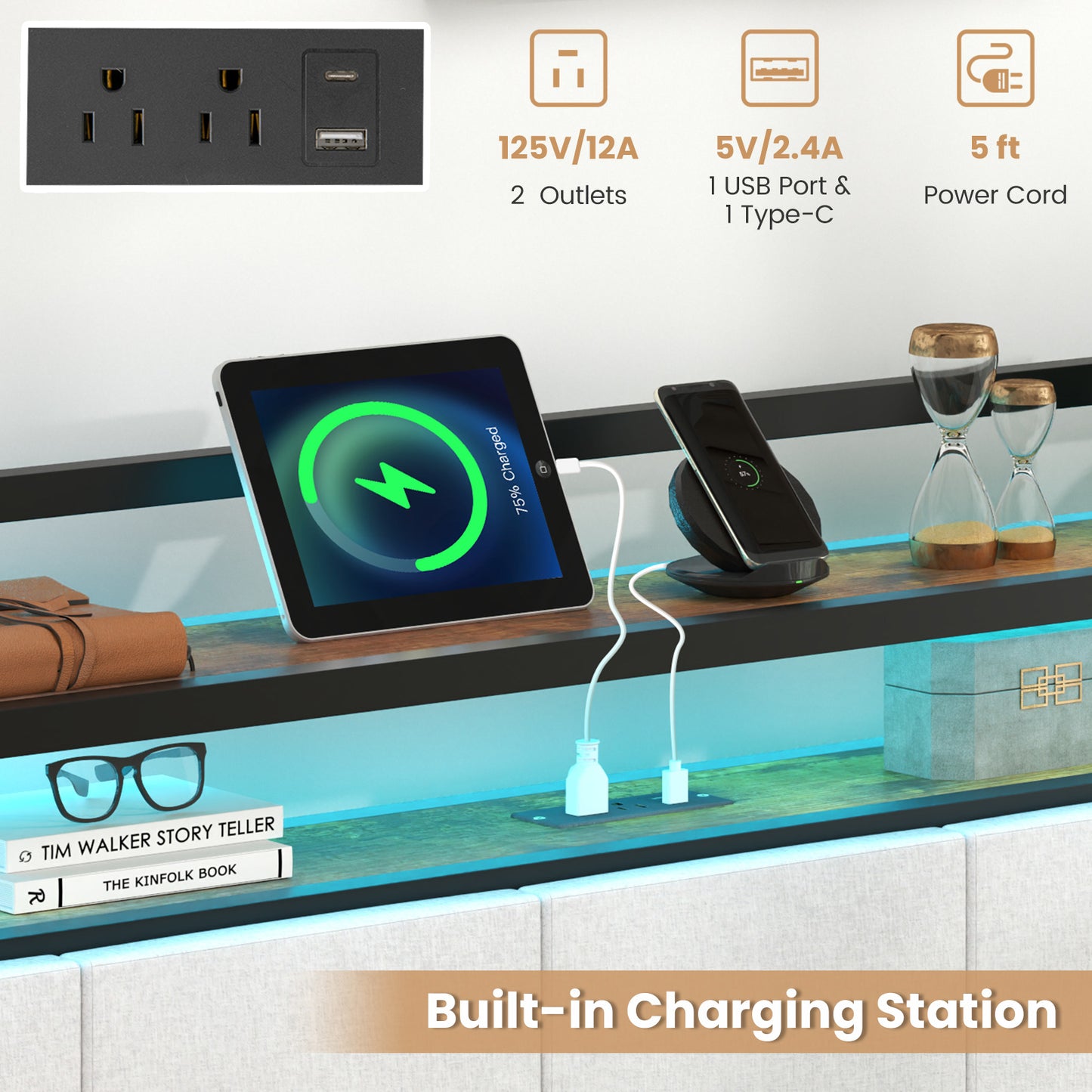 Twin/Full/Queen/King Size Bed Frame with LED Light and Charging Station-Queen Size Kids Crystal