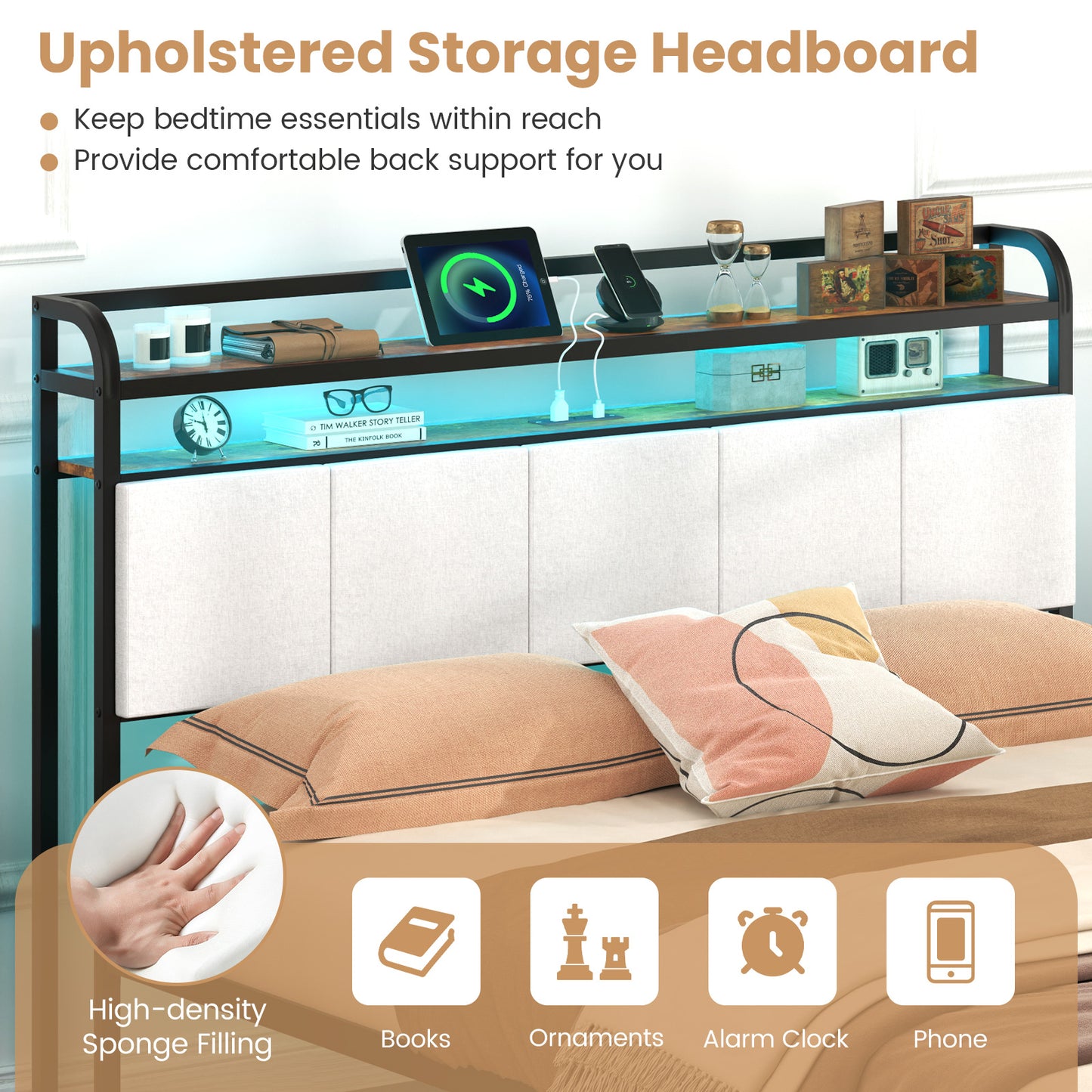 Twin/Full/Queen/King Size Bed Frame with LED Light and Charging Station-Queen Size Kids Crystal