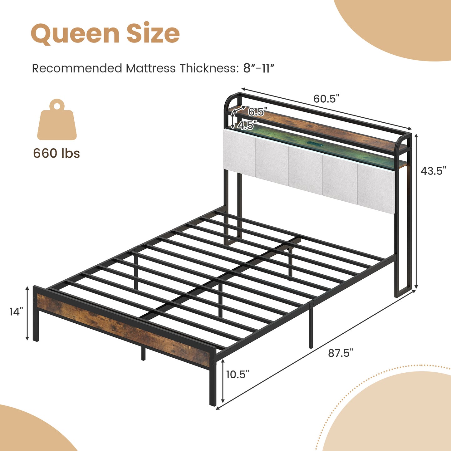 Twin/Full/Queen/King Size Bed Frame with LED Light and Charging Station-Queen Size Kids Crystal