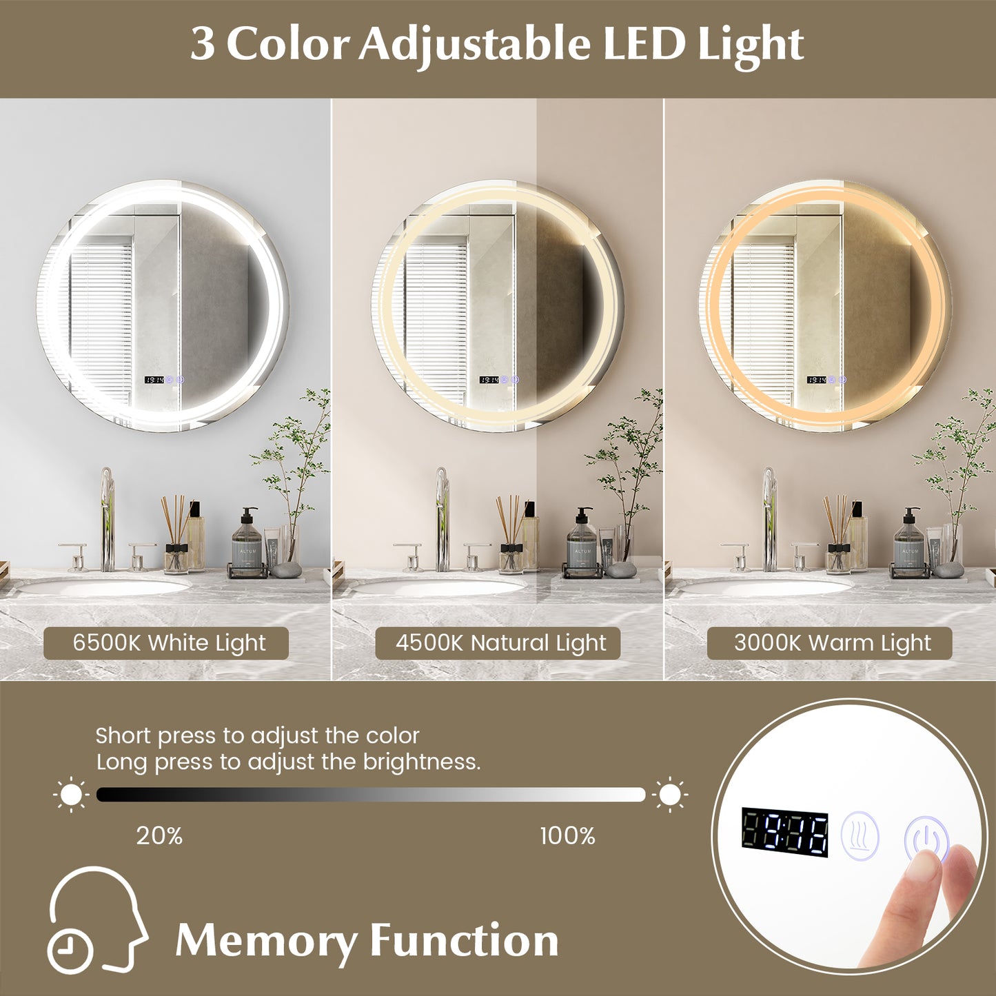 Anti-Fog Round Led Bathroom Mirror with 3 Color LED Lights-M Kids Crystal