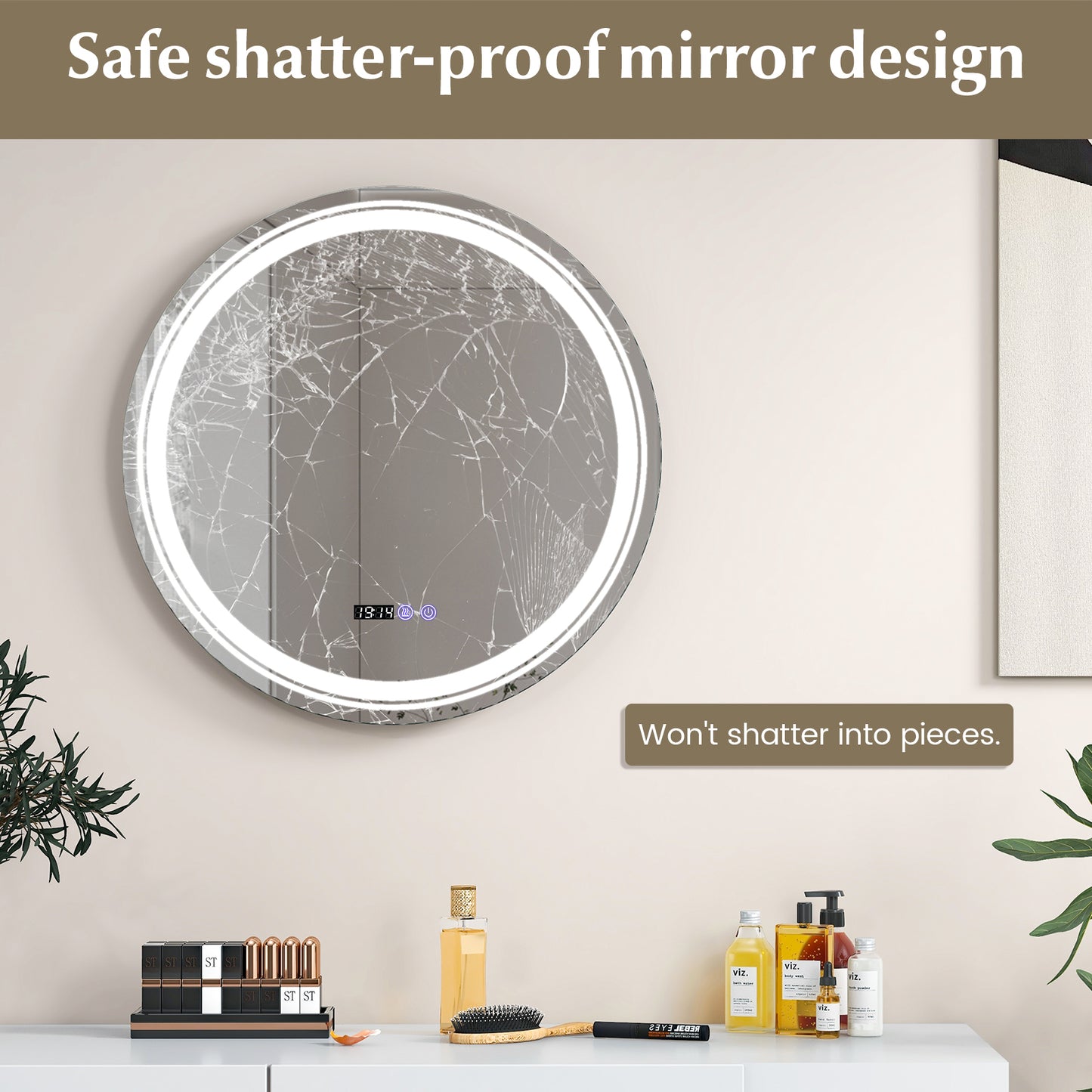 Anti-Fog Round Led Bathroom Mirror with 3 Color LED Lights-M Kids Crystal