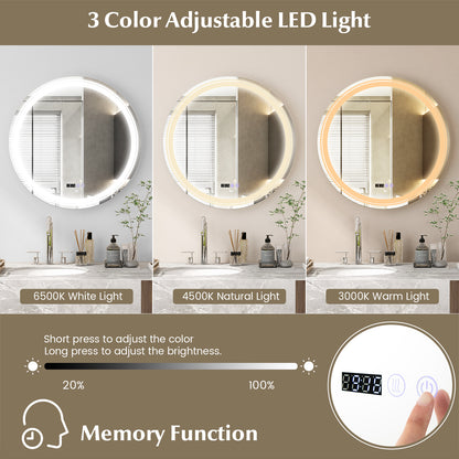 Anti-Fog Round Led Bathroom Mirror with 3 Color LED Lights-L