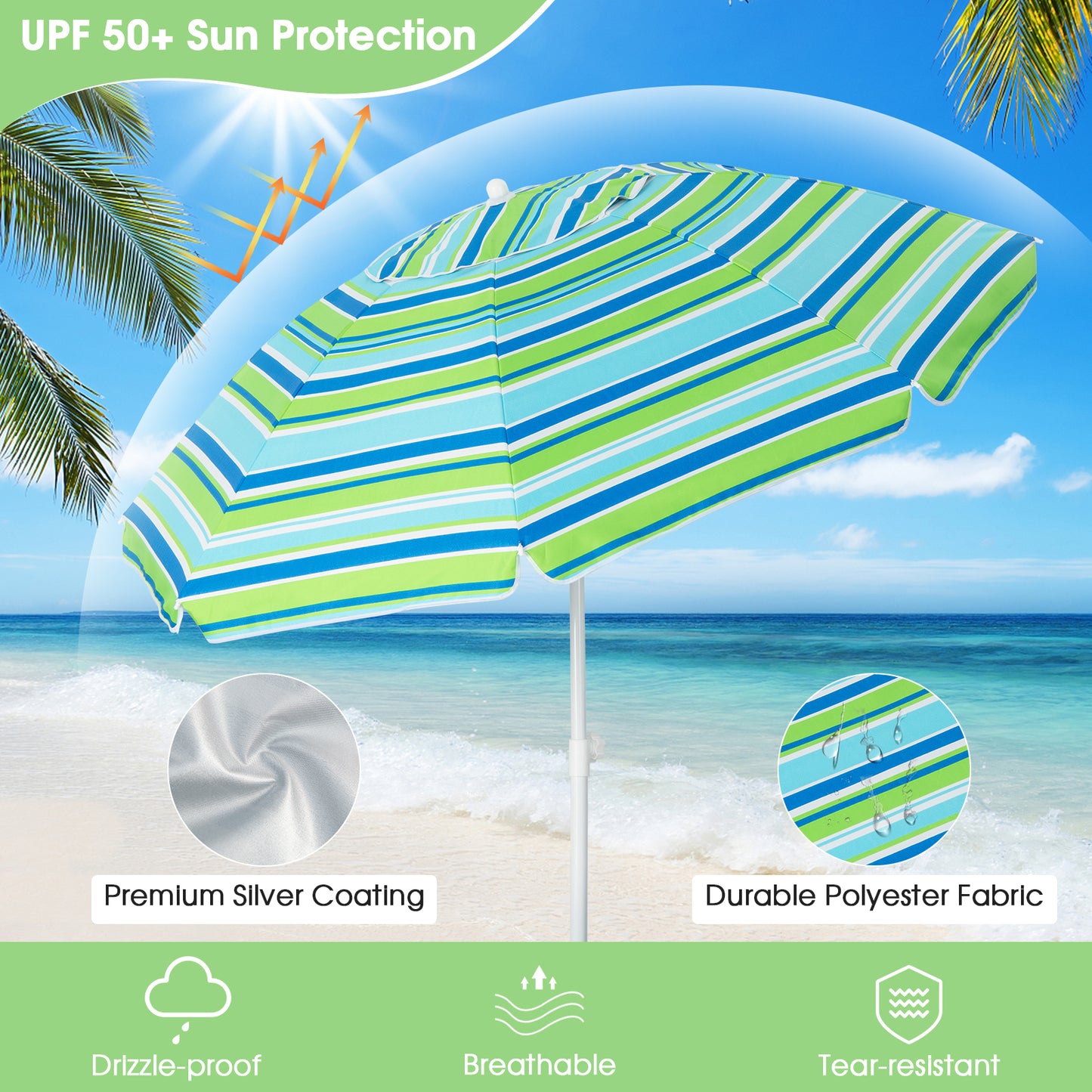 6.5 Feet Patio Beach Umbrella with Waterproof Polyester Fabric-Green Kids Crystal