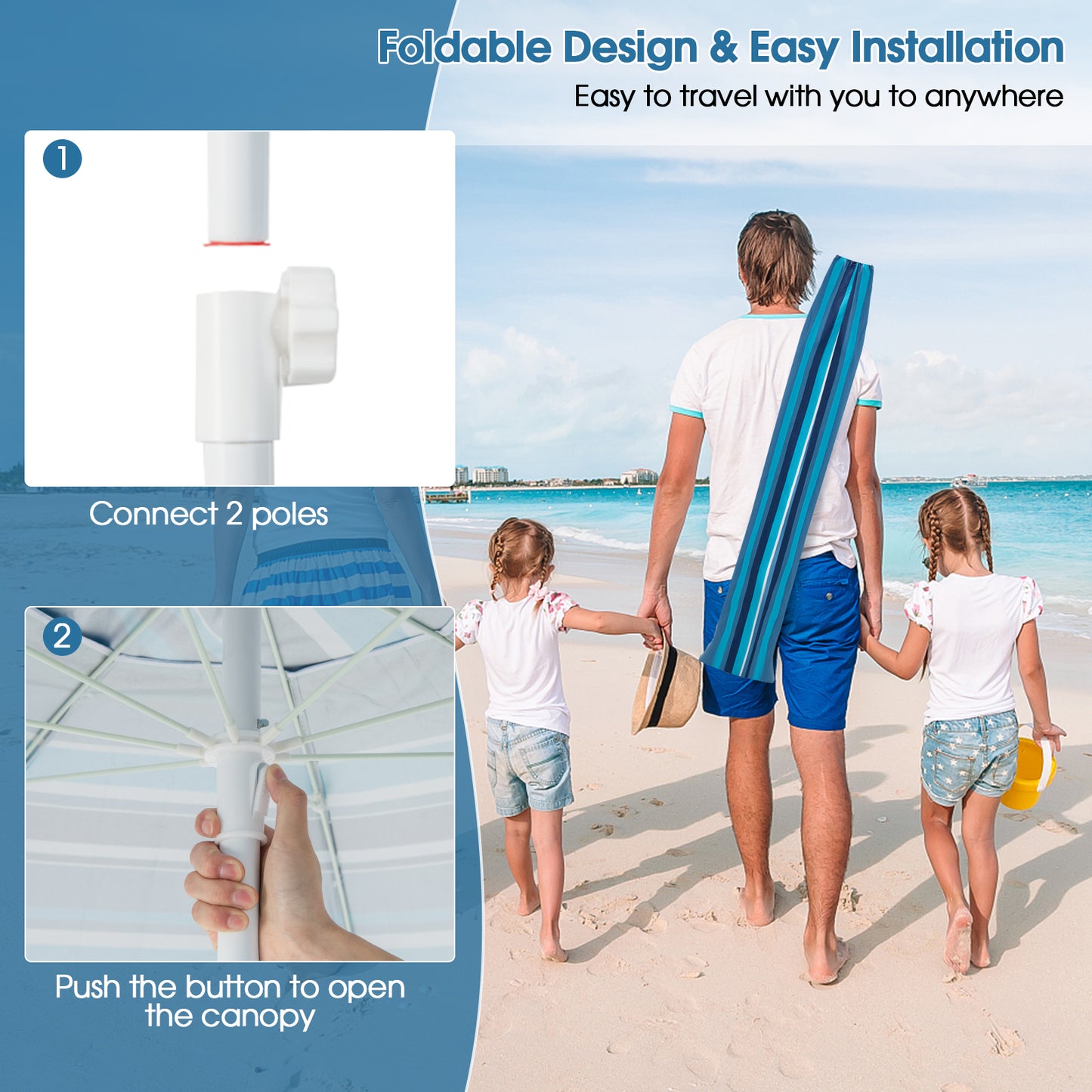 6.5 Feet Patio Beach Umbrella with Waterproof Polyester Fabric-Blue Kids Crystal