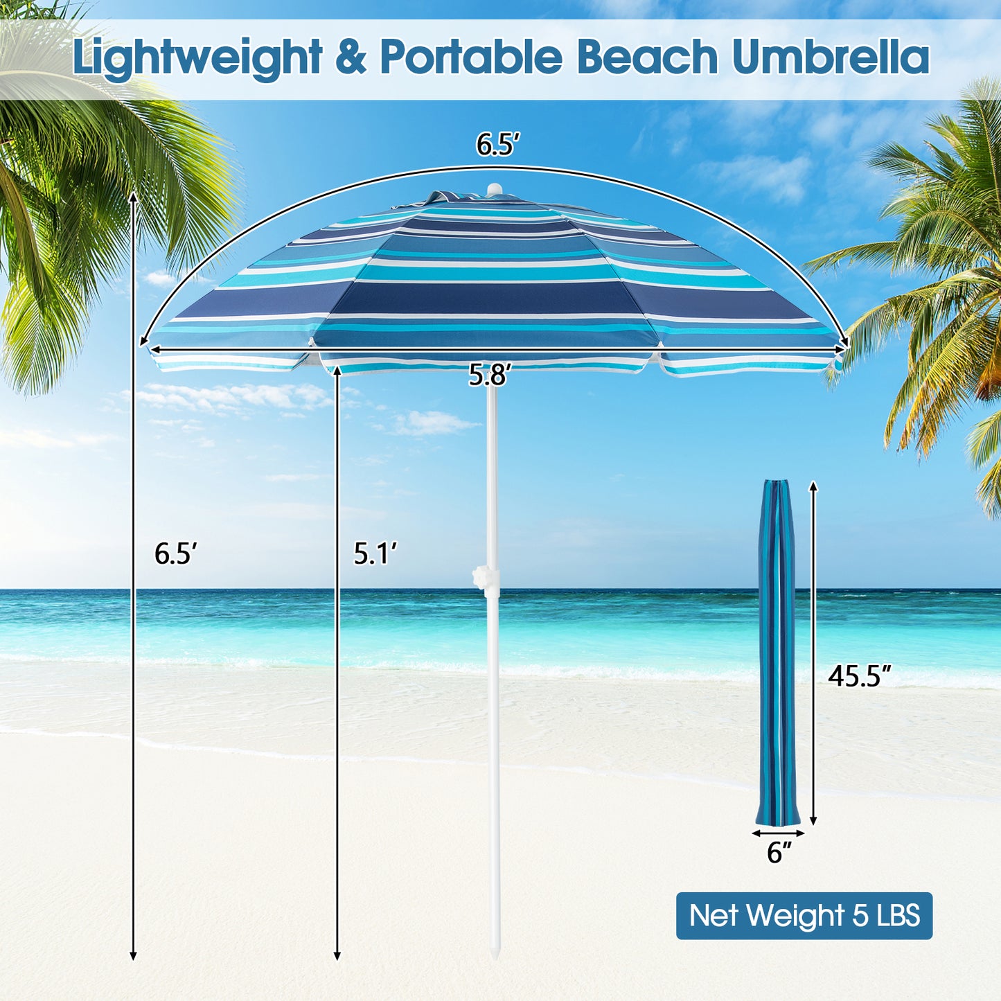 6.5 Feet Patio Beach Umbrella with Waterproof Polyester Fabric-Blue Kids Crystal