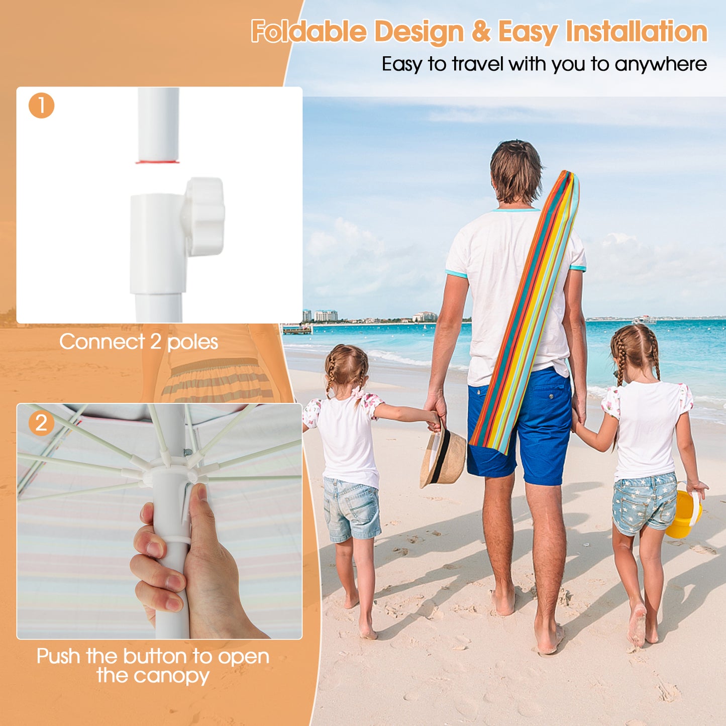 6.5 Feet Patio Beach Umbrella with Waterproof Polyester Fabric-Orange Kids Crystal