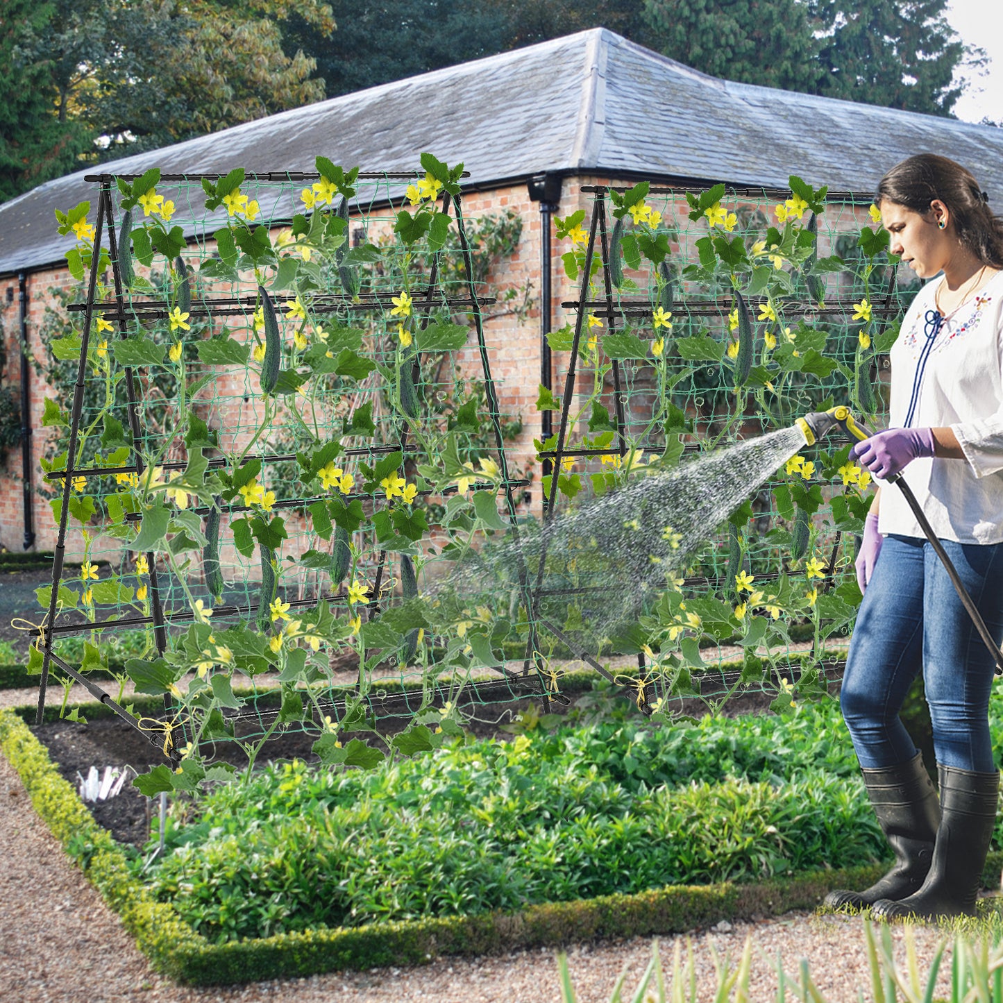 A-Frame Garden Cucumber Trellis with Netting for Climbing Plants Outdoor-Black Kids Crystal