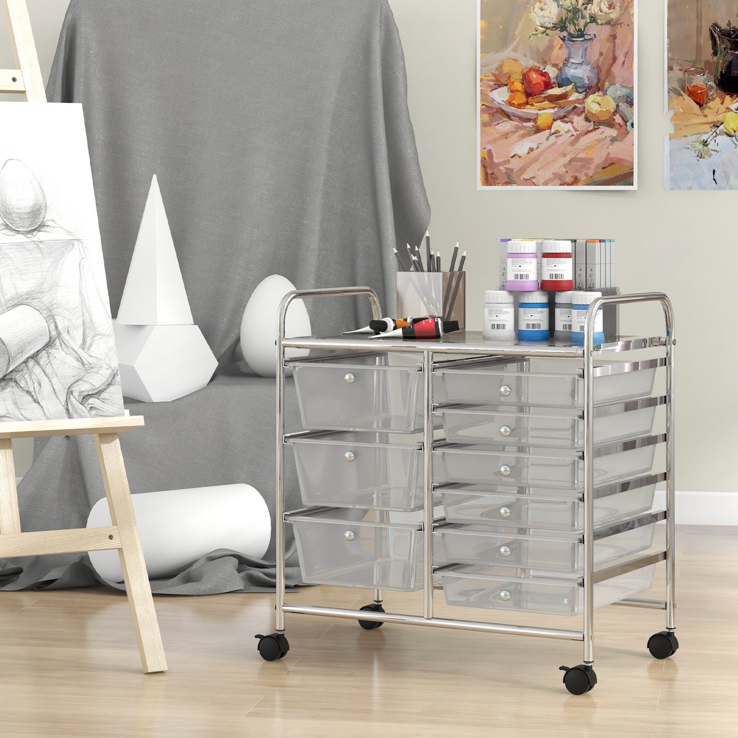 9-Drawer Rolling Storage Cart with Colorful Drawers and Metal Frame-Transparent Kids Crystal