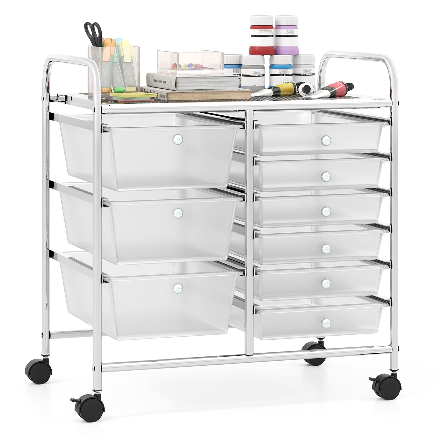 9-Drawer Rolling Storage Cart with Colorful Drawers and Metal Frame-Transparent Kids Crystal