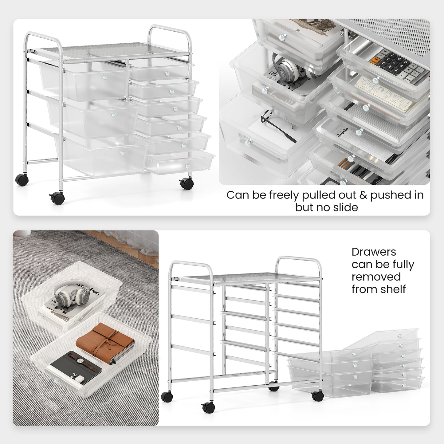 9-Drawer Rolling Storage Cart with Colorful Drawers and Metal Frame-Transparent Kids Crystal