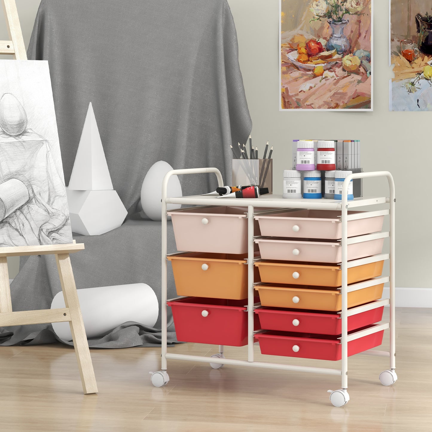 9-Drawer Rolling Storage Cart with Colorful Drawers and Metal Frame-Macaron Kids Crystal