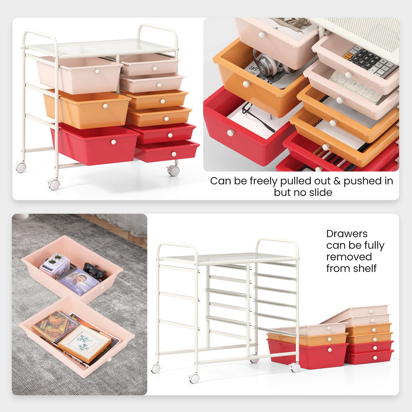 9-Drawer Rolling Storage Cart with Colorful Drawers and Metal Frame-Macaron Kids Crystal