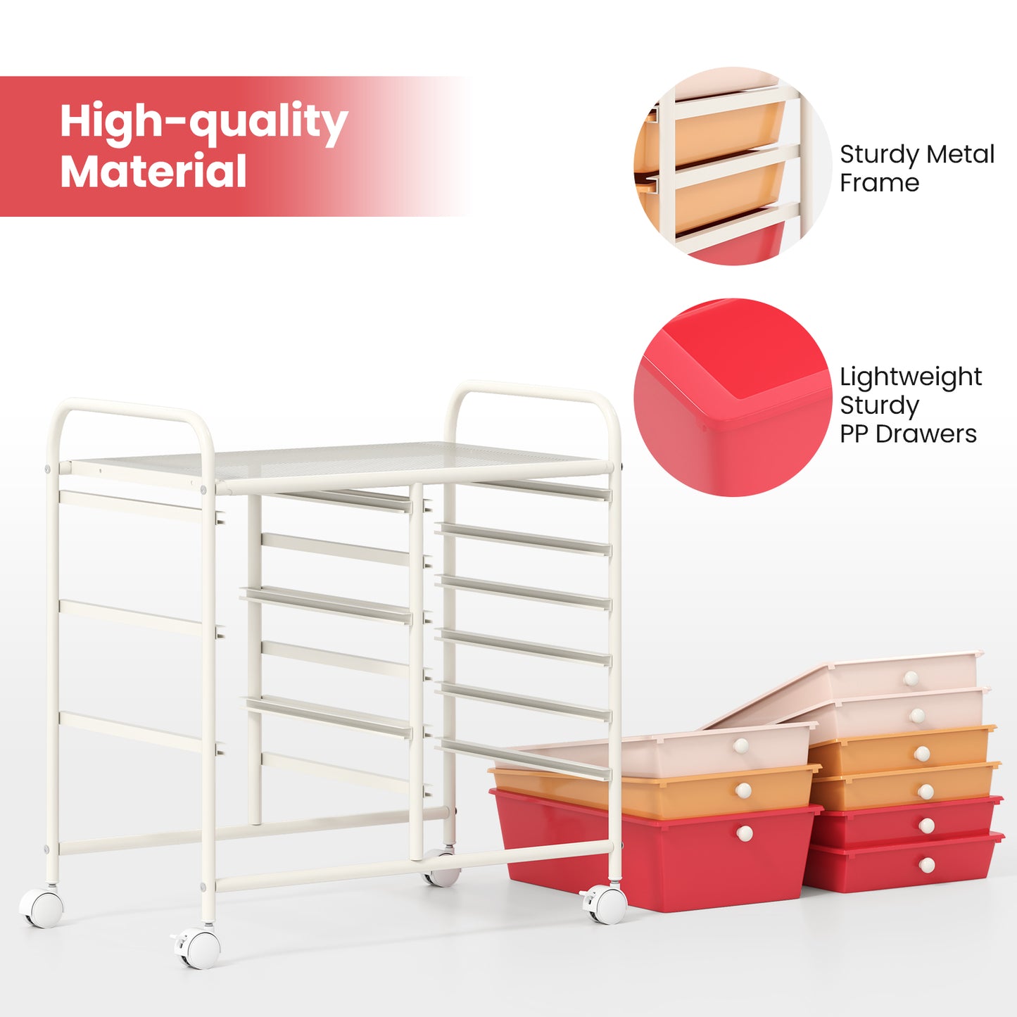 9-Drawer Rolling Storage Cart with Colorful Drawers and Metal Frame-Macaron Kids Crystal