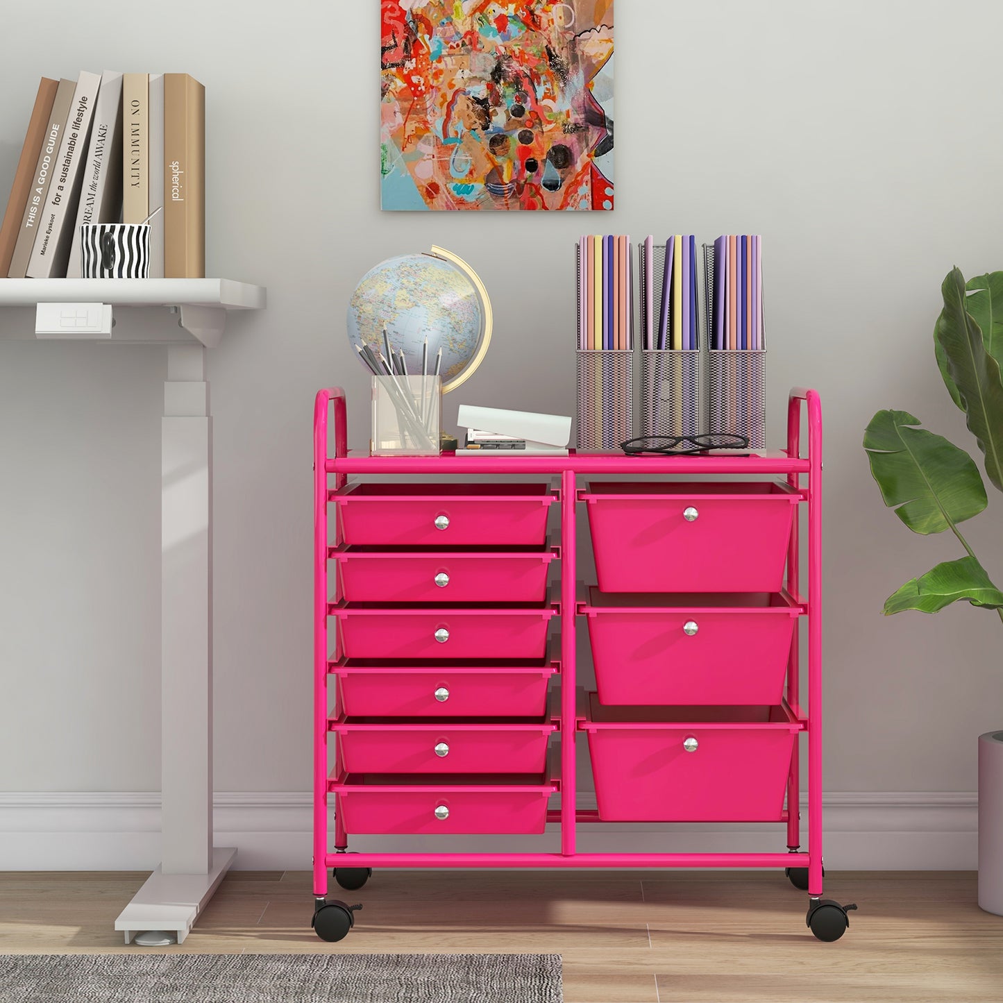 9-Drawer Rolling Storage Cart with Colorful Drawers and Metal Frame-Light Pink Kids Crystal
