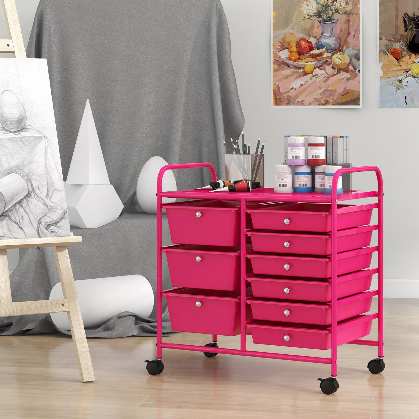9-Drawer Rolling Storage Cart with Colorful Drawers and Metal Frame-Light Pink Kids Crystal