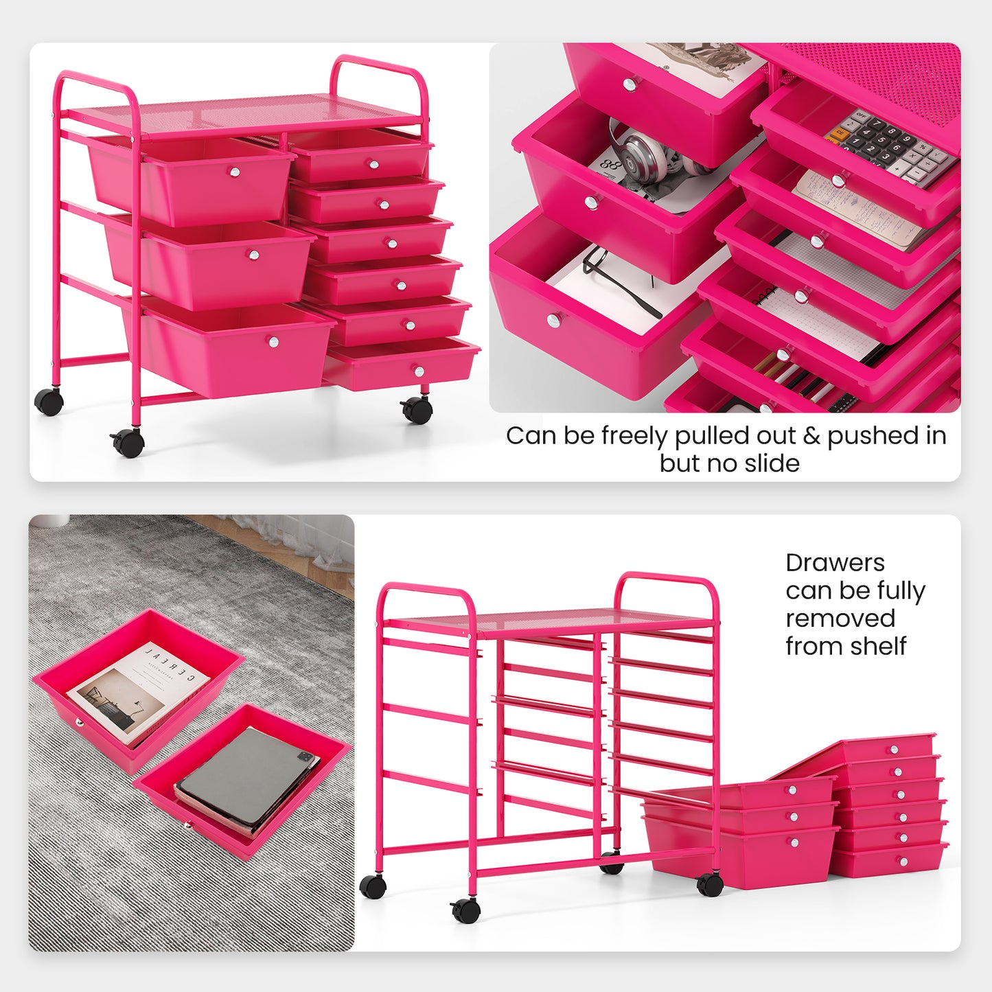 9-Drawer Rolling Storage Cart with Colorful Drawers and Metal Frame-Light Pink Kids Crystal