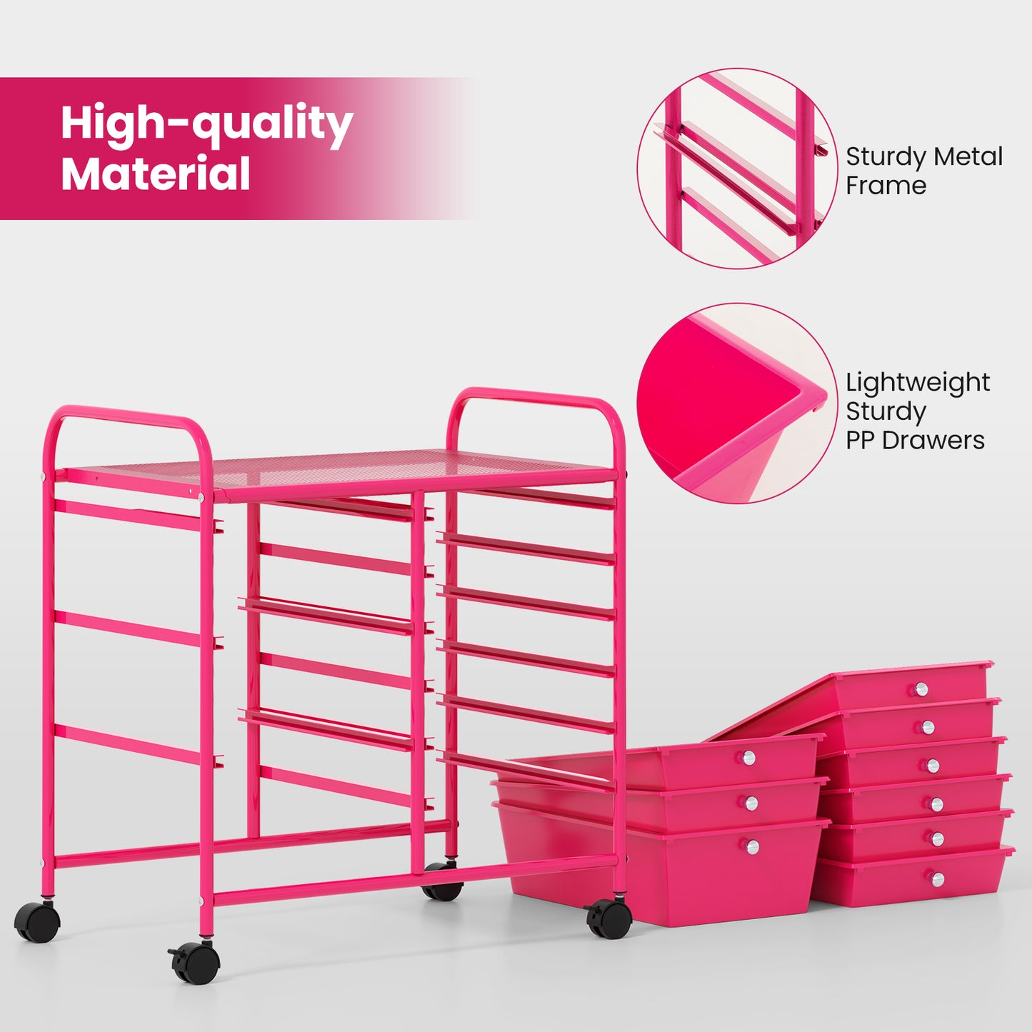9-Drawer Rolling Storage Cart with Colorful Drawers and Metal Frame-Light Pink Kids Crystal