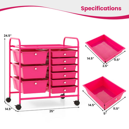 9-Drawer Rolling Storage Cart with Colorful Drawers and Metal Frame-Light Pink
