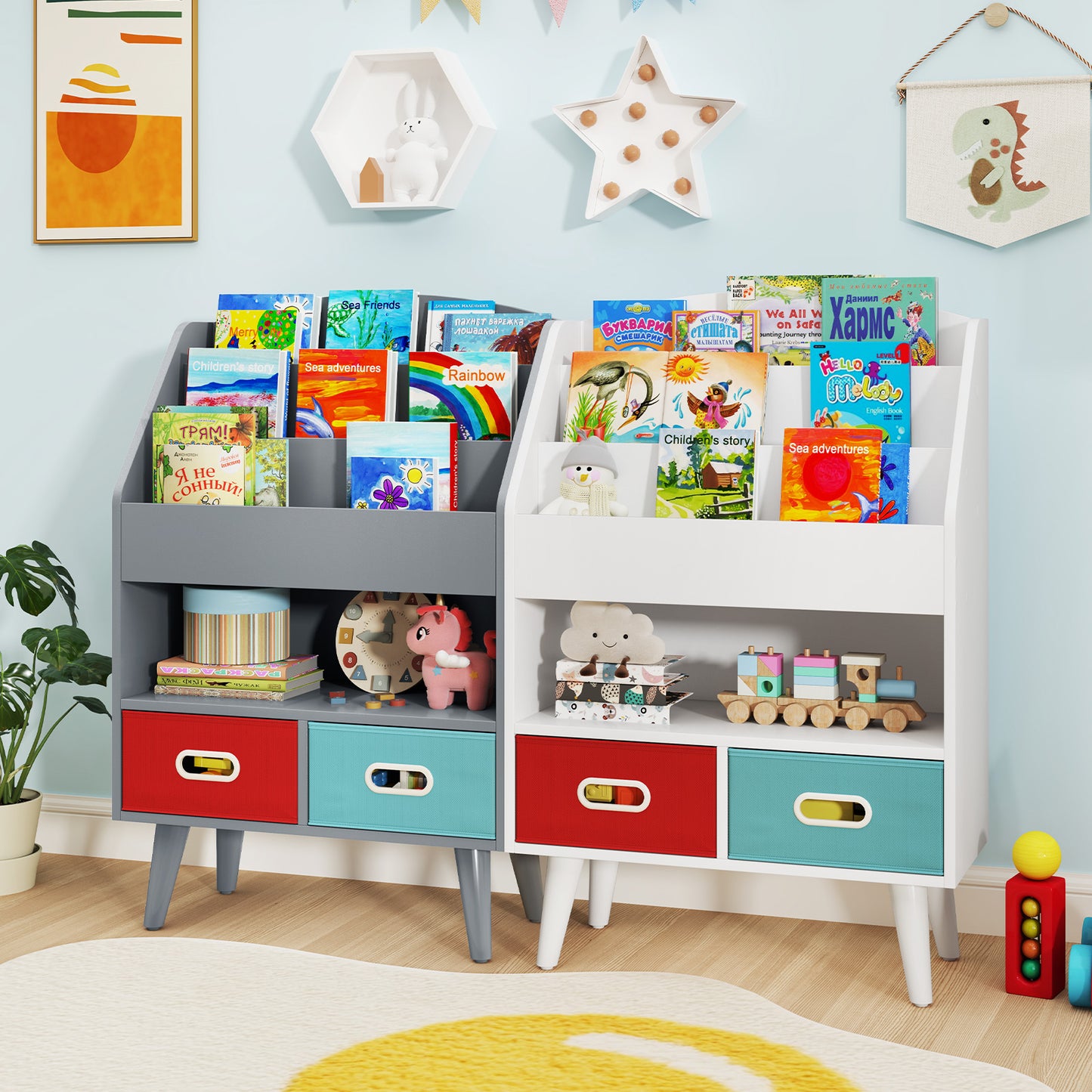Kids Bookshelf with Open Compartment for Toddlers 3+ Years Old-White Kids Crystal