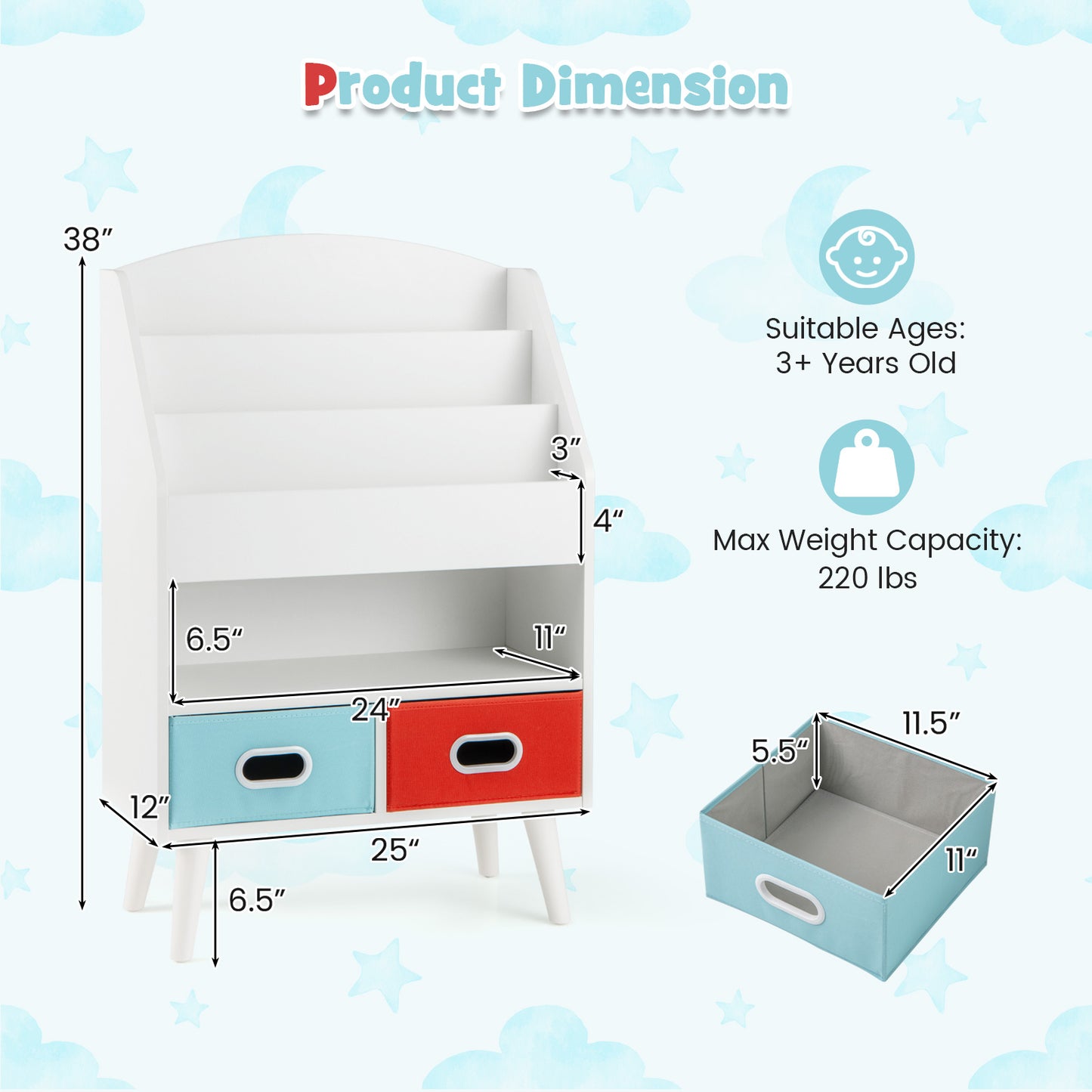 Kids Bookshelf with Open Compartment for Toddlers 3+ Years Old-White Kids Crystal