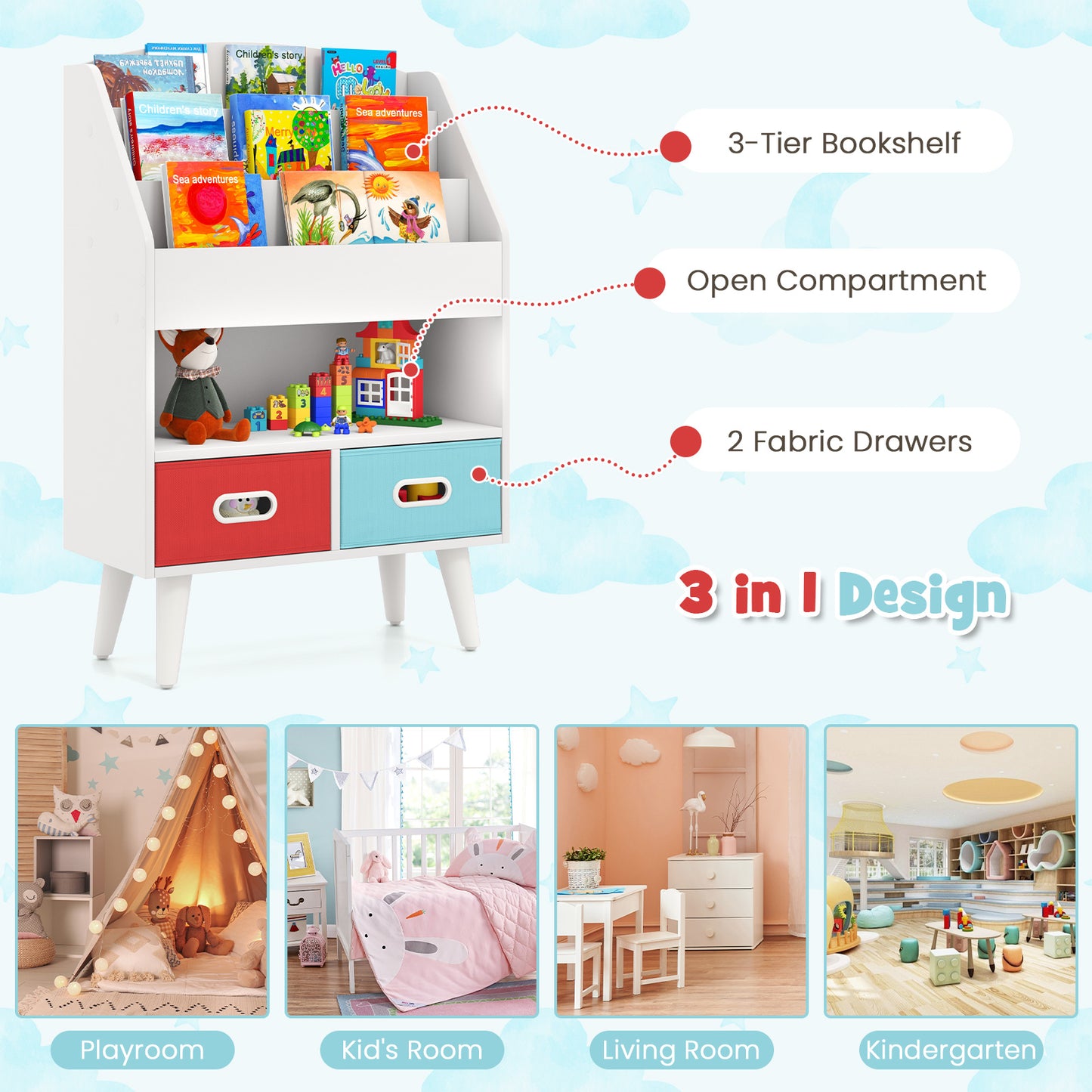 Kids Bookshelf with Open Compartment for Toddlers 3+ Years Old-White Kids Crystal