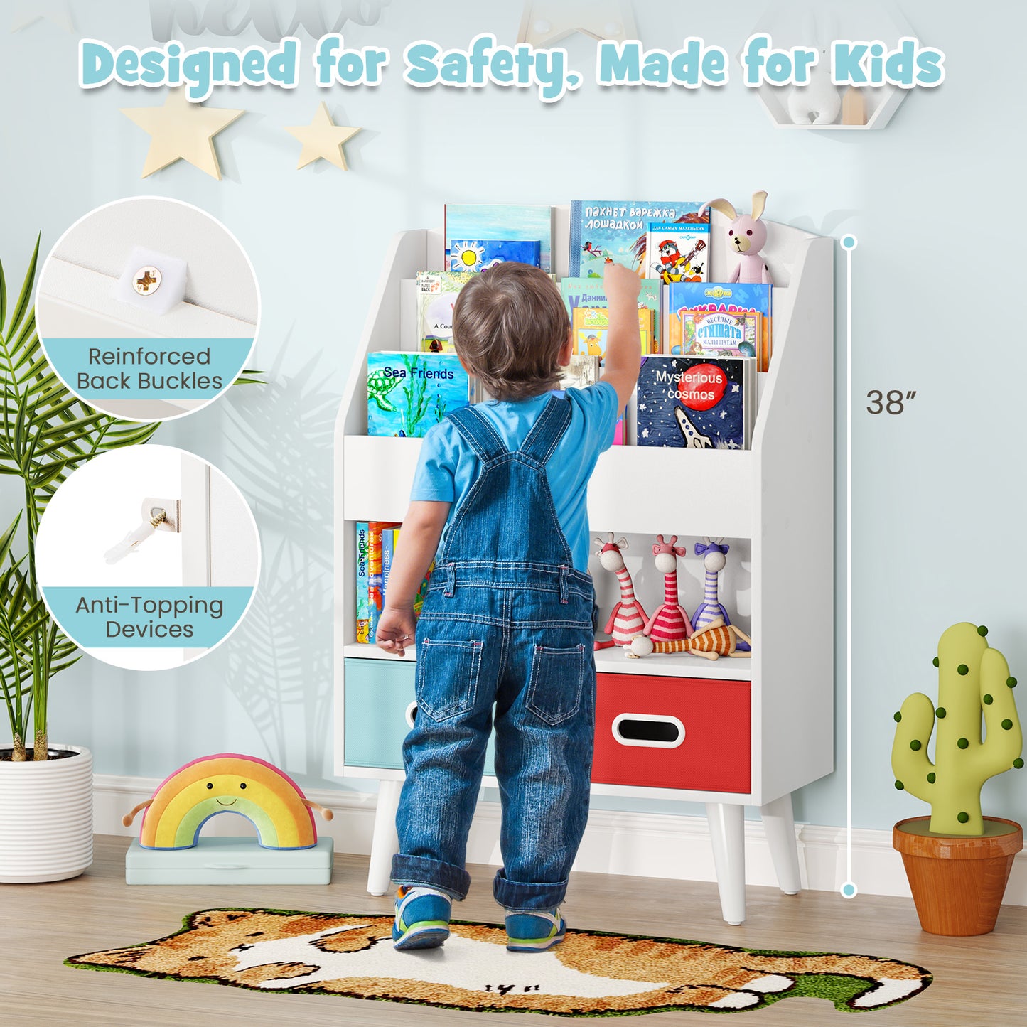 Kids Bookshelf with Open Compartment for Toddlers 3+ Years Old-White Kids Crystal