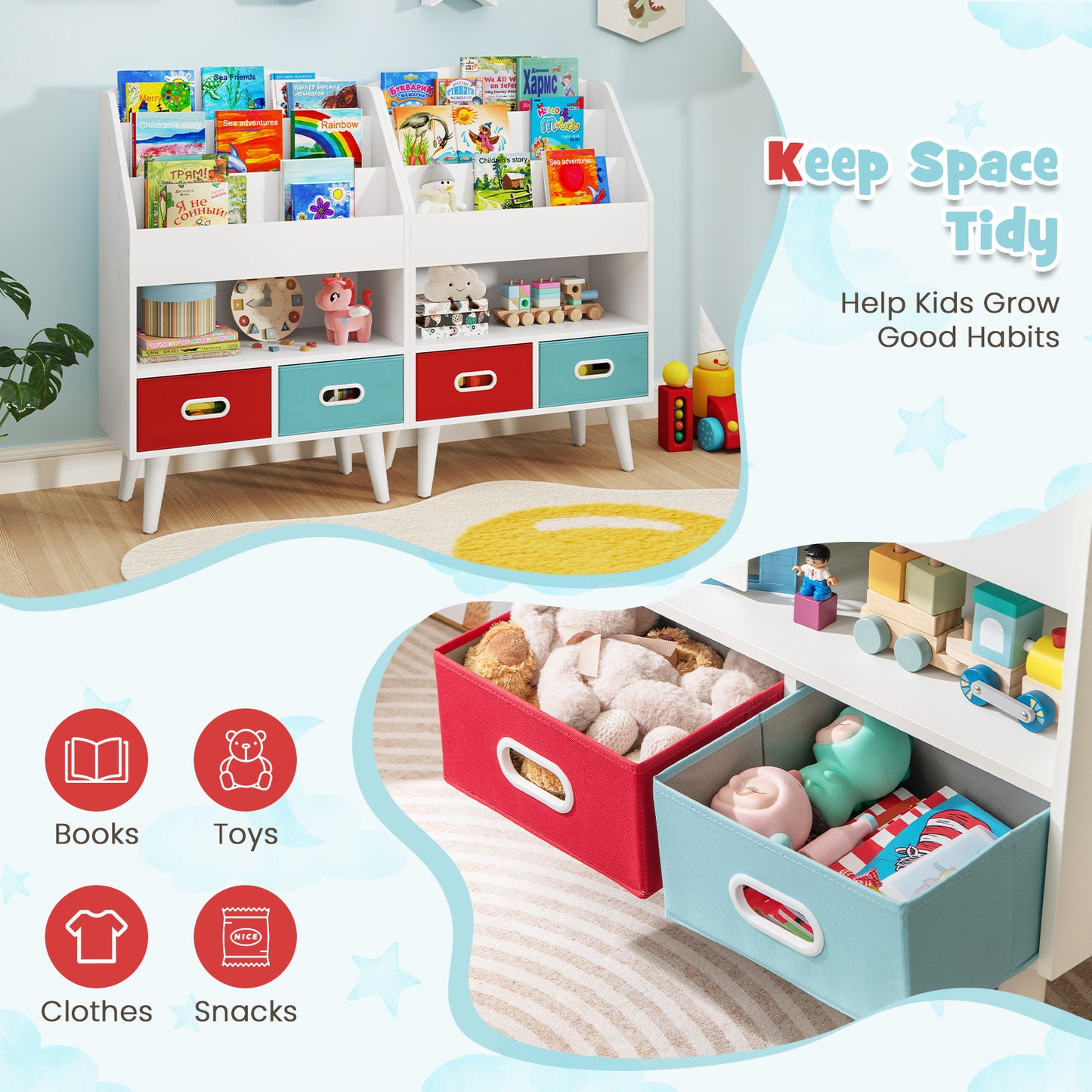 Kids Bookshelf with Open Compartment for Toddlers 3+ Years Old-White Kids Crystal